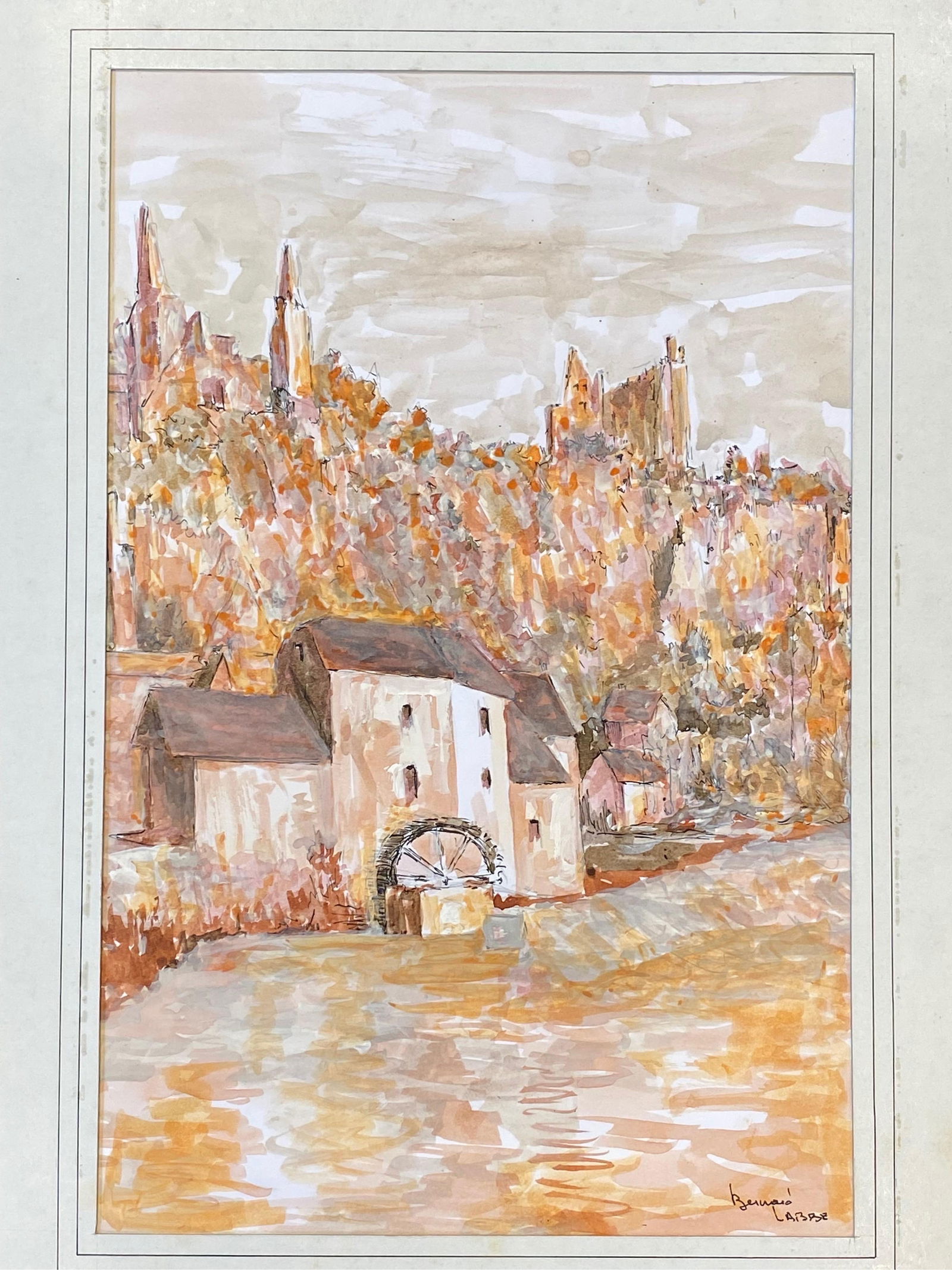 1950's French Modernist / Cubist Painting Signed, Orange and Pink Landscape 1950 - 11