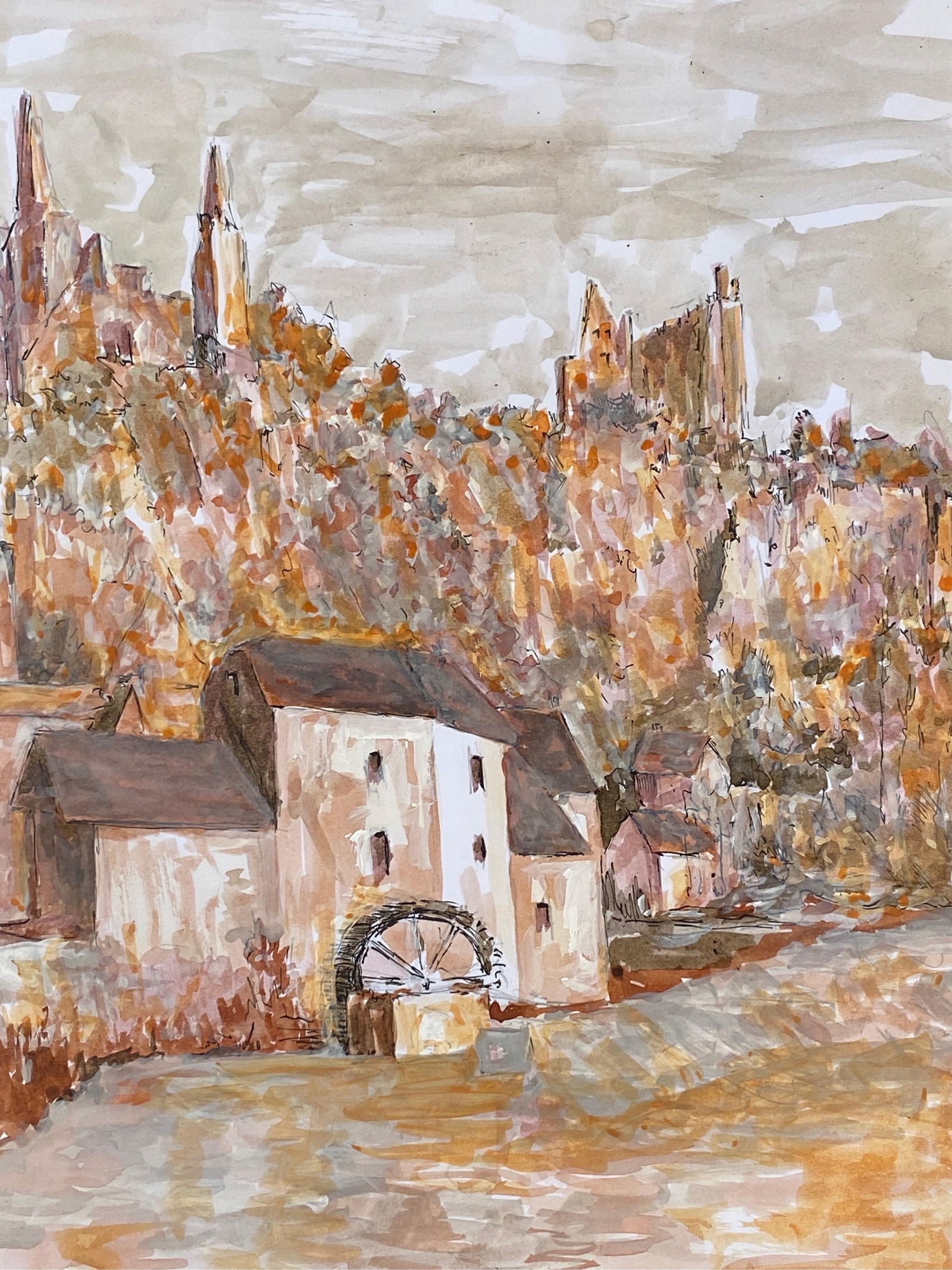 1950's French Modernist / Cubist Painting Signed, Orange and Pink Landscape 1950 - 5