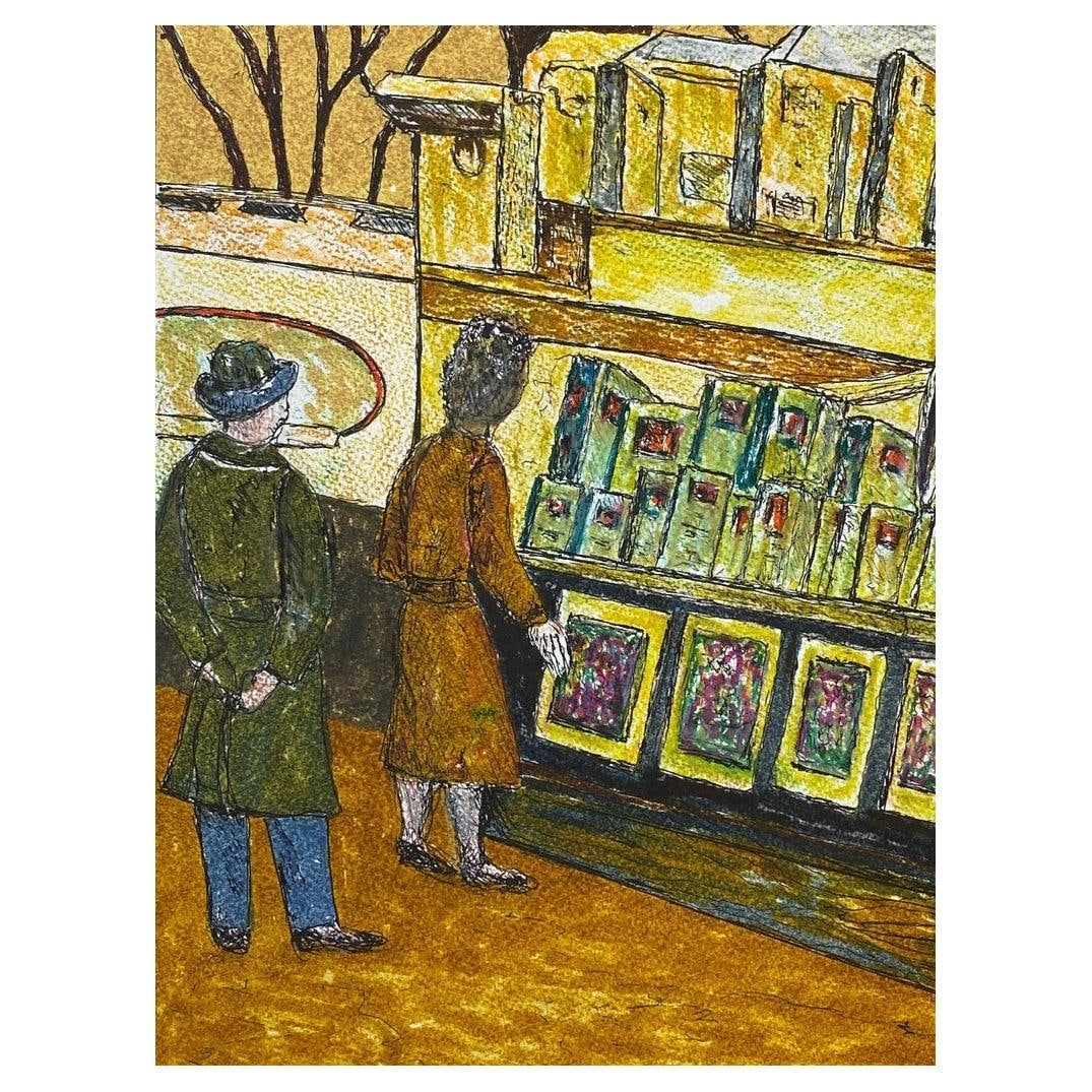 1950's French Modernist / Cubist Painting Signed, Parisian Market Stall 1950: Title: "1950's French Modernist / Cubist Painting Signed, Parisian Market Stall 1950" Description: Paris Market Stall by Bernard Labbe (French mid 20th century) Signed original watercolour/ gouache pa