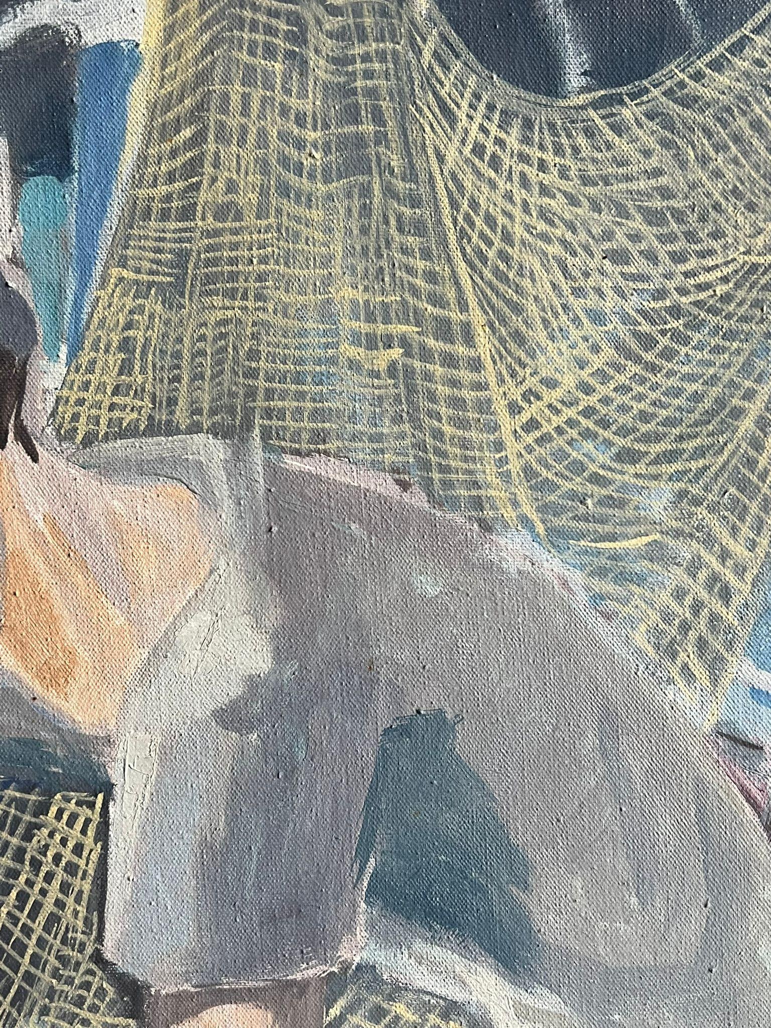 1950's French Modernist Blue Figurative Oil Painting of a Fisherman Mending Nets 1950's - 6