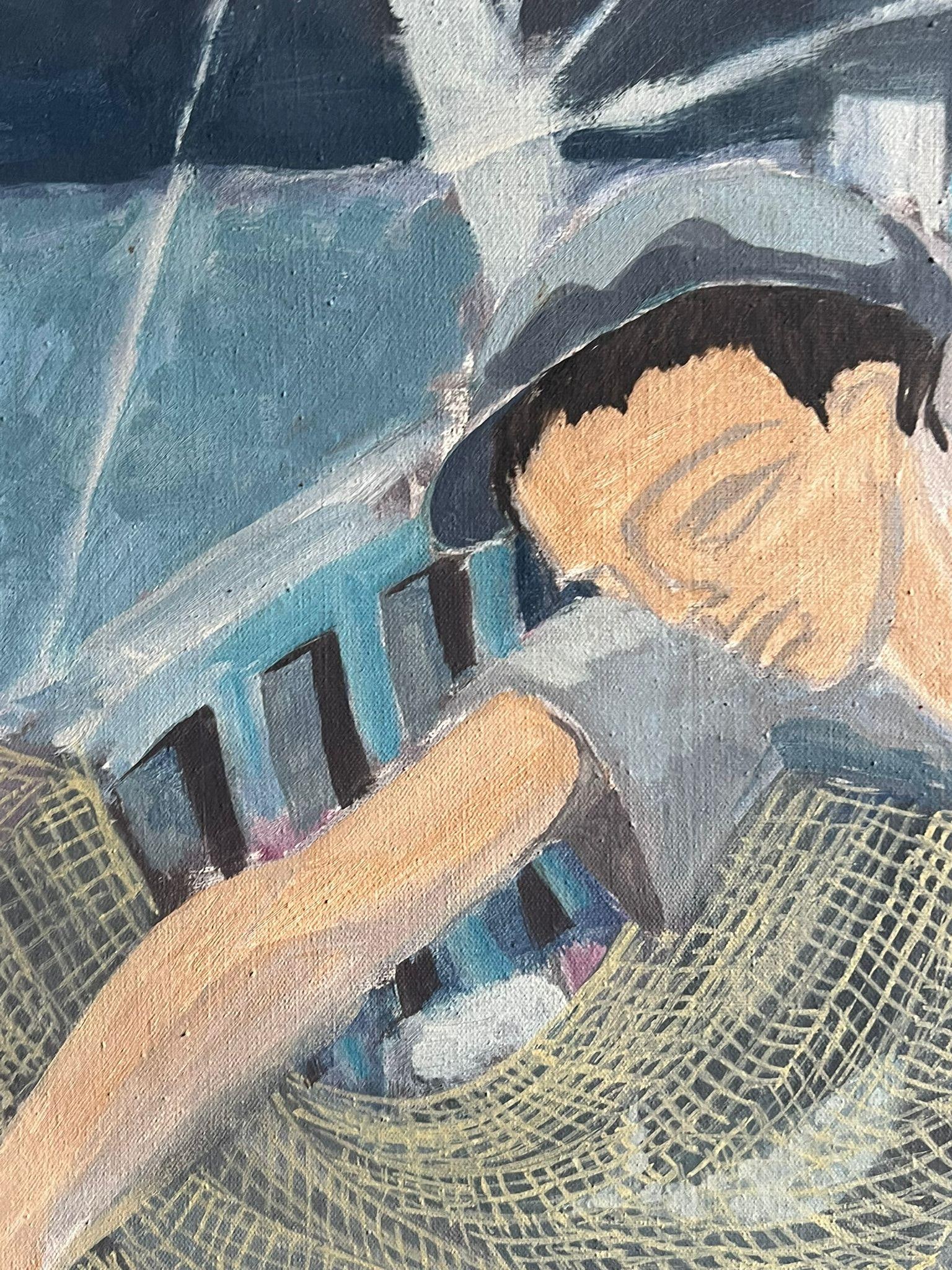 1950's French Modernist Blue Figurative Oil Painting of a Fisherman Mending Nets 1950's - 7