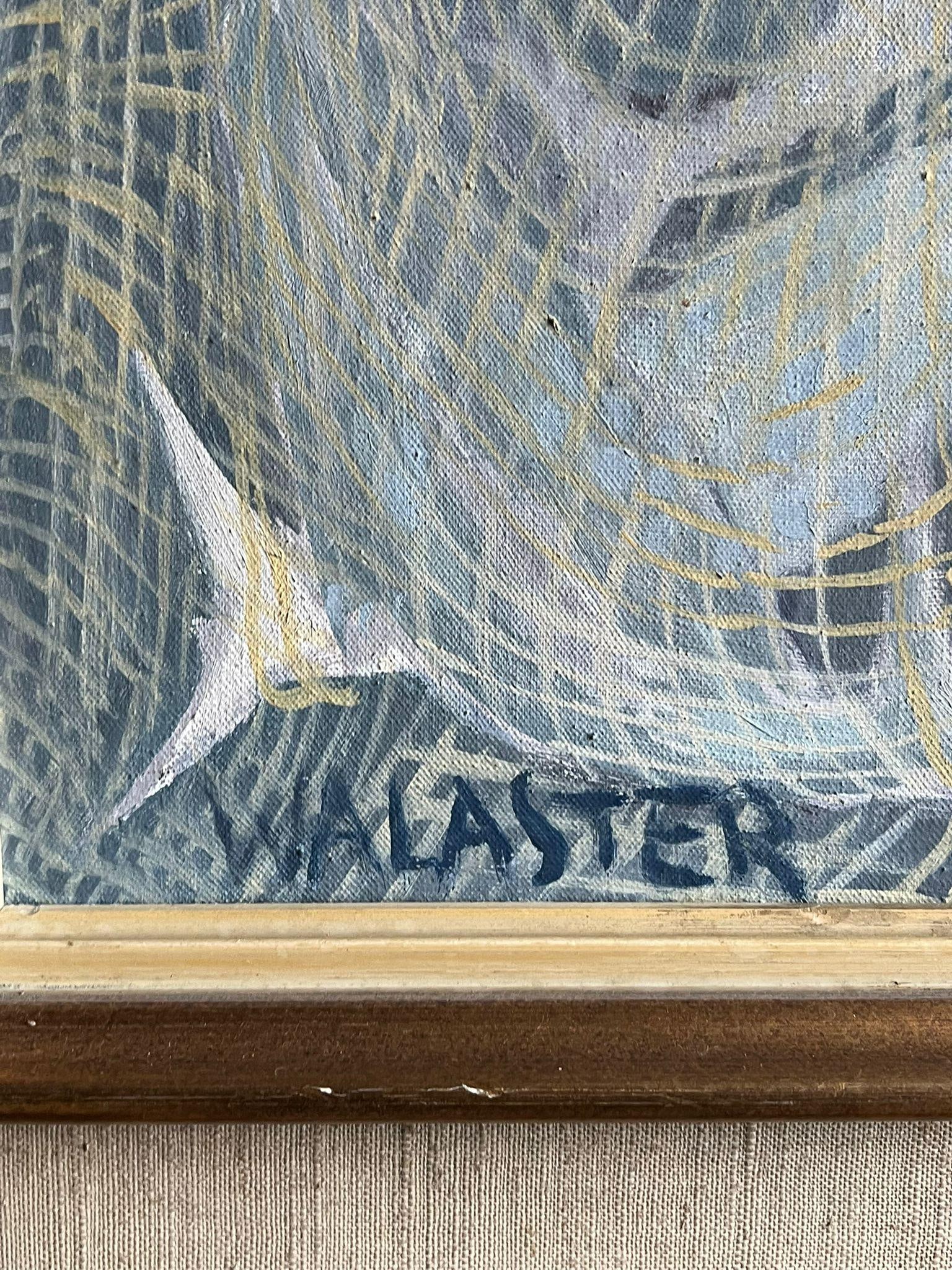 1950's French Modernist Blue Figurative Oil Painting of a Fisherman Mending Nets 1950's - 10