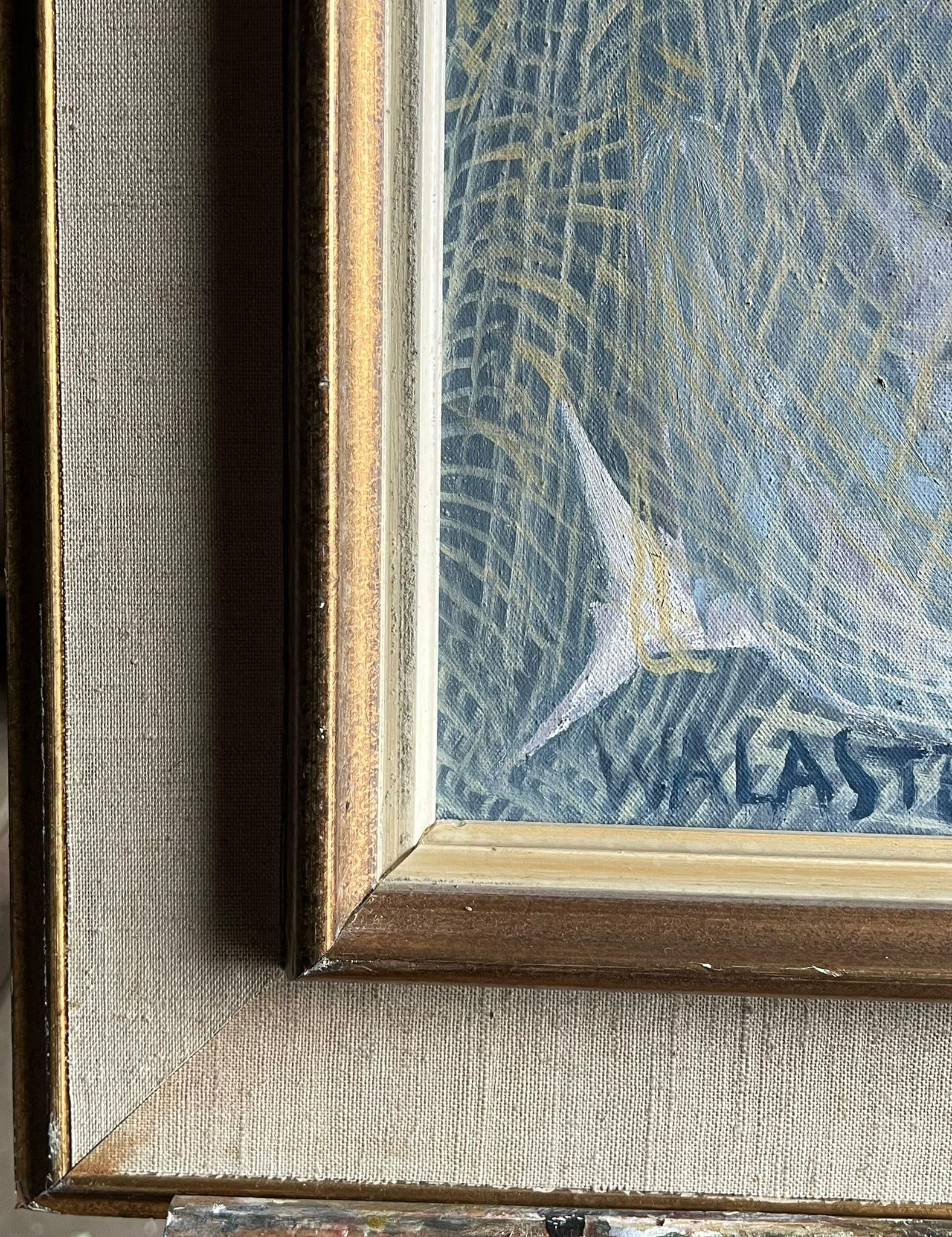 1950's French Modernist Blue Figurative Oil Painting of a Fisherman Mending Nets 1950's - 11