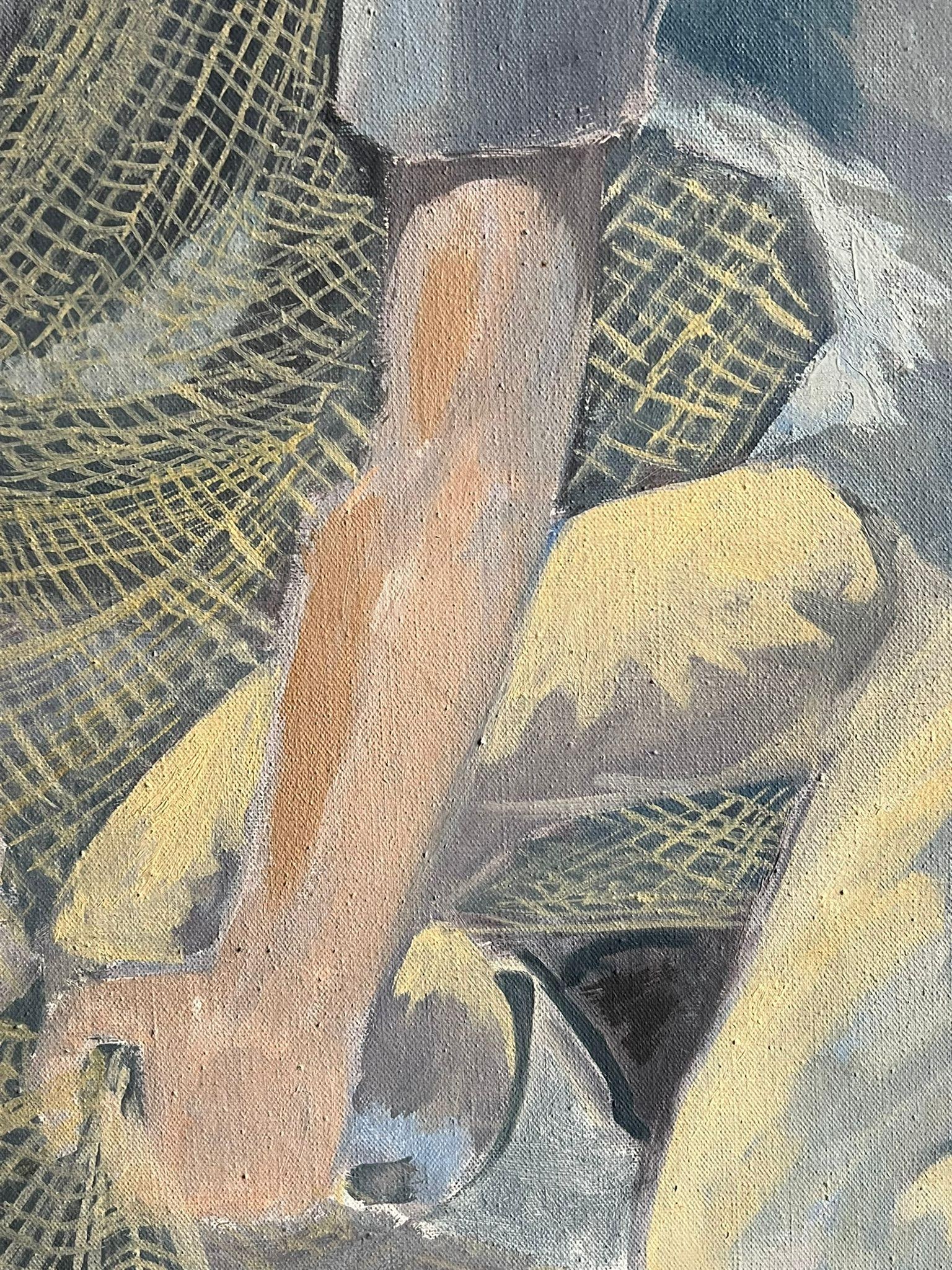 1950's French Modernist Blue Figurative Oil Painting of a Fisherman Mending Nets 1950's - 12