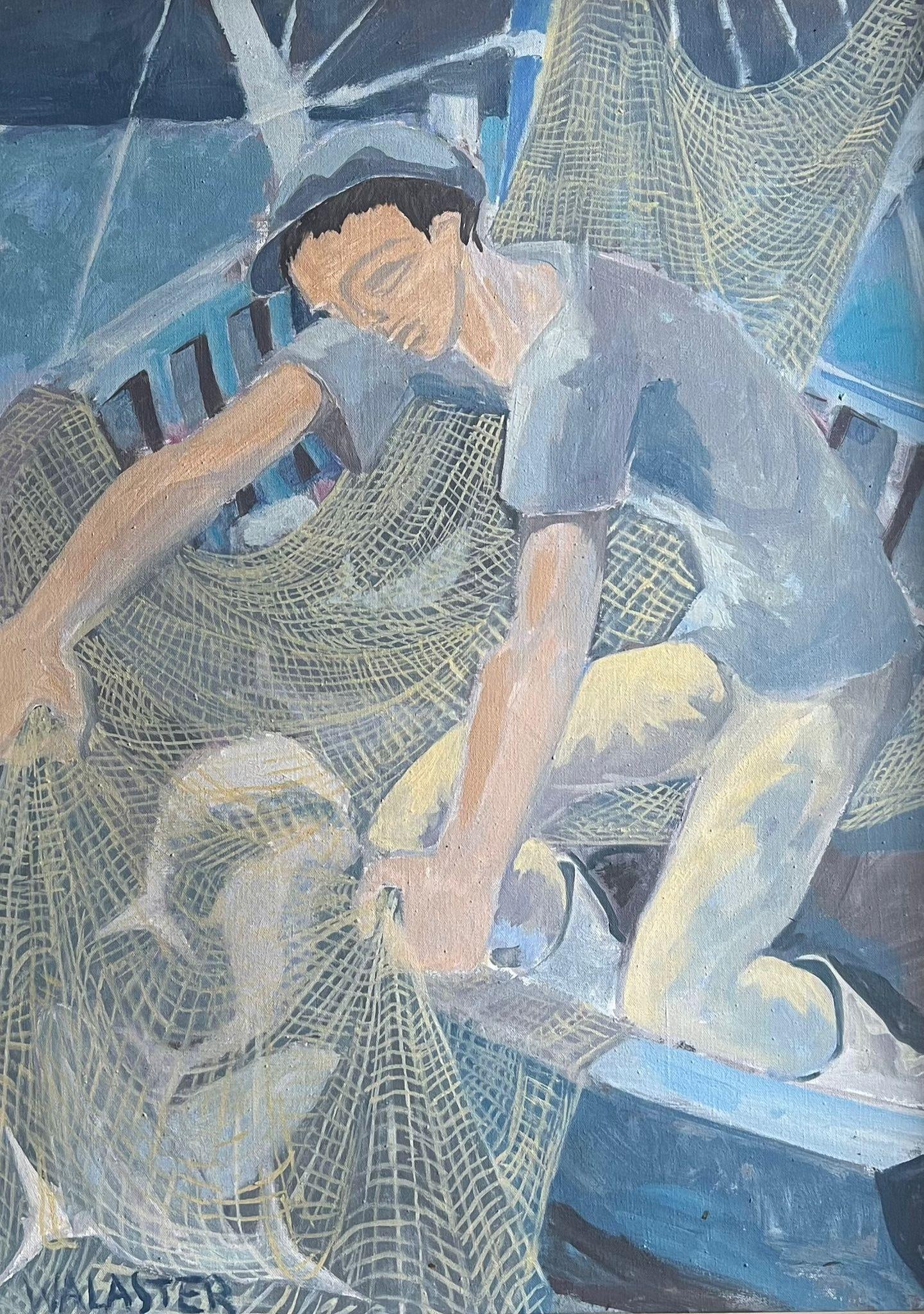 1950's French Modernist Blue Figurative Oil Painting of a Fisherman Mending Nets 1950's - 4