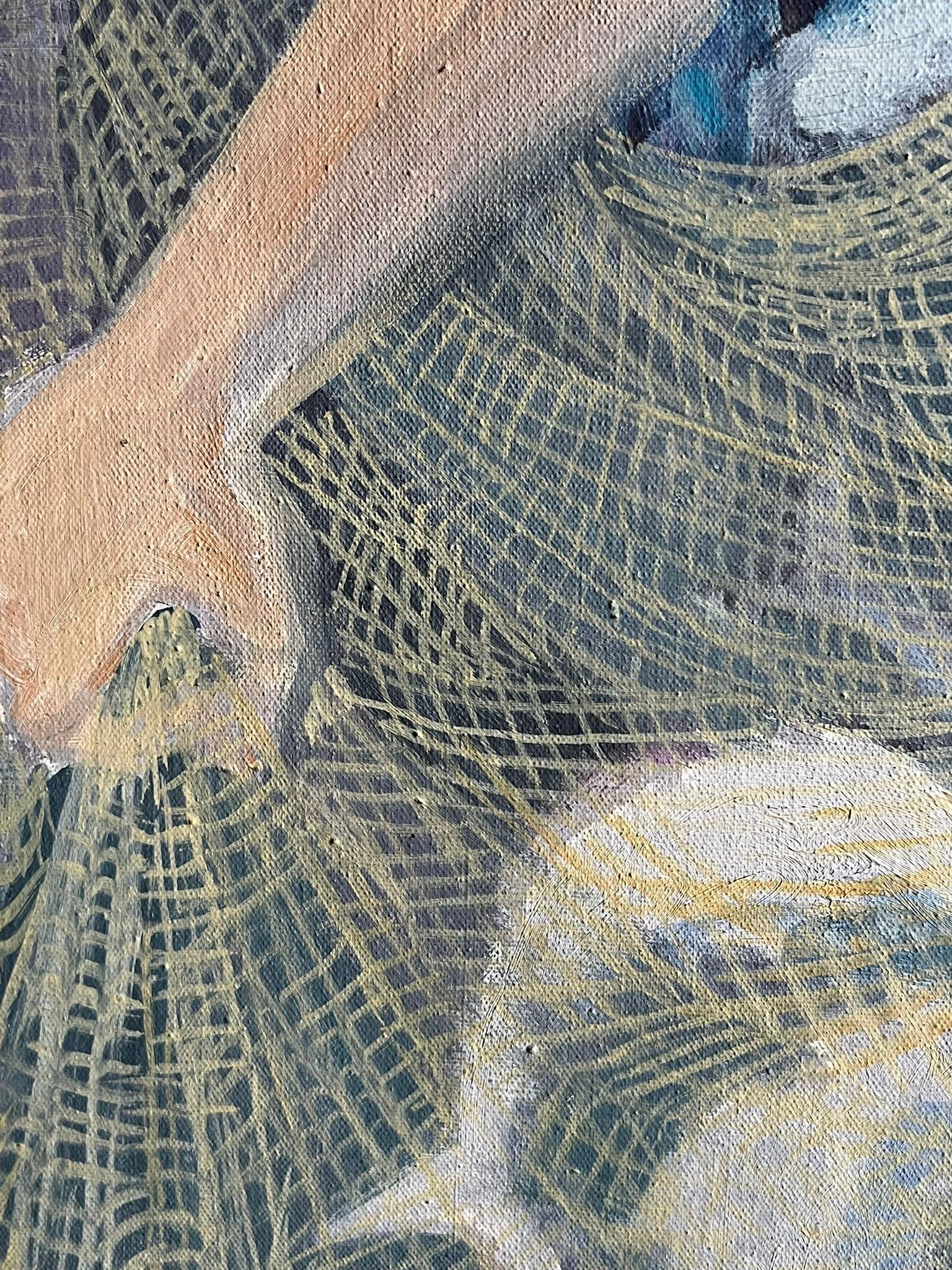 1950's French Modernist Blue Figurative Oil Painting of a Fisherman Mending Nets 1950's - 5