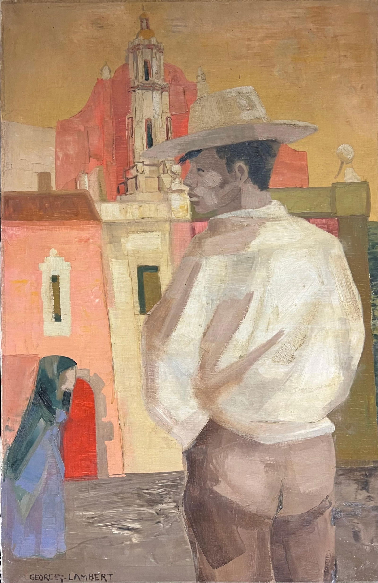 1950's French Modernist Mexican Scene Man in Cowboy Hat City Square mid 20th Century: Title: "1950's French Modernist Mexican Scene Man in Cowboy Hat City Square mid 20th Century" Description: Mexicain' Georges Lambert, French mid 20th century signed oil on canvas, unframed Canvas : 36