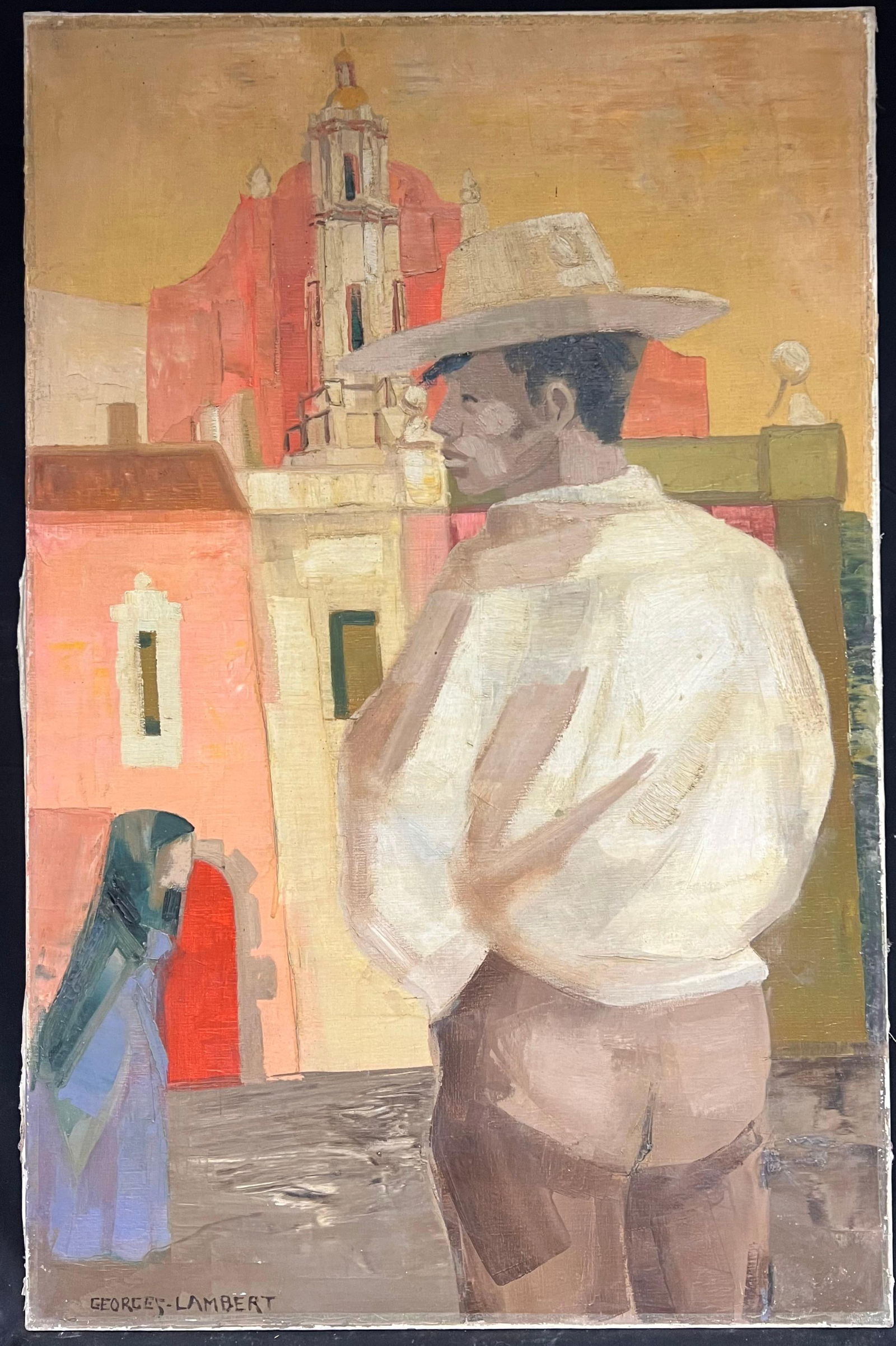 1950's French Modernist Mexican Scene Man in Cowboy Hat City Square mid 20th Century - 4