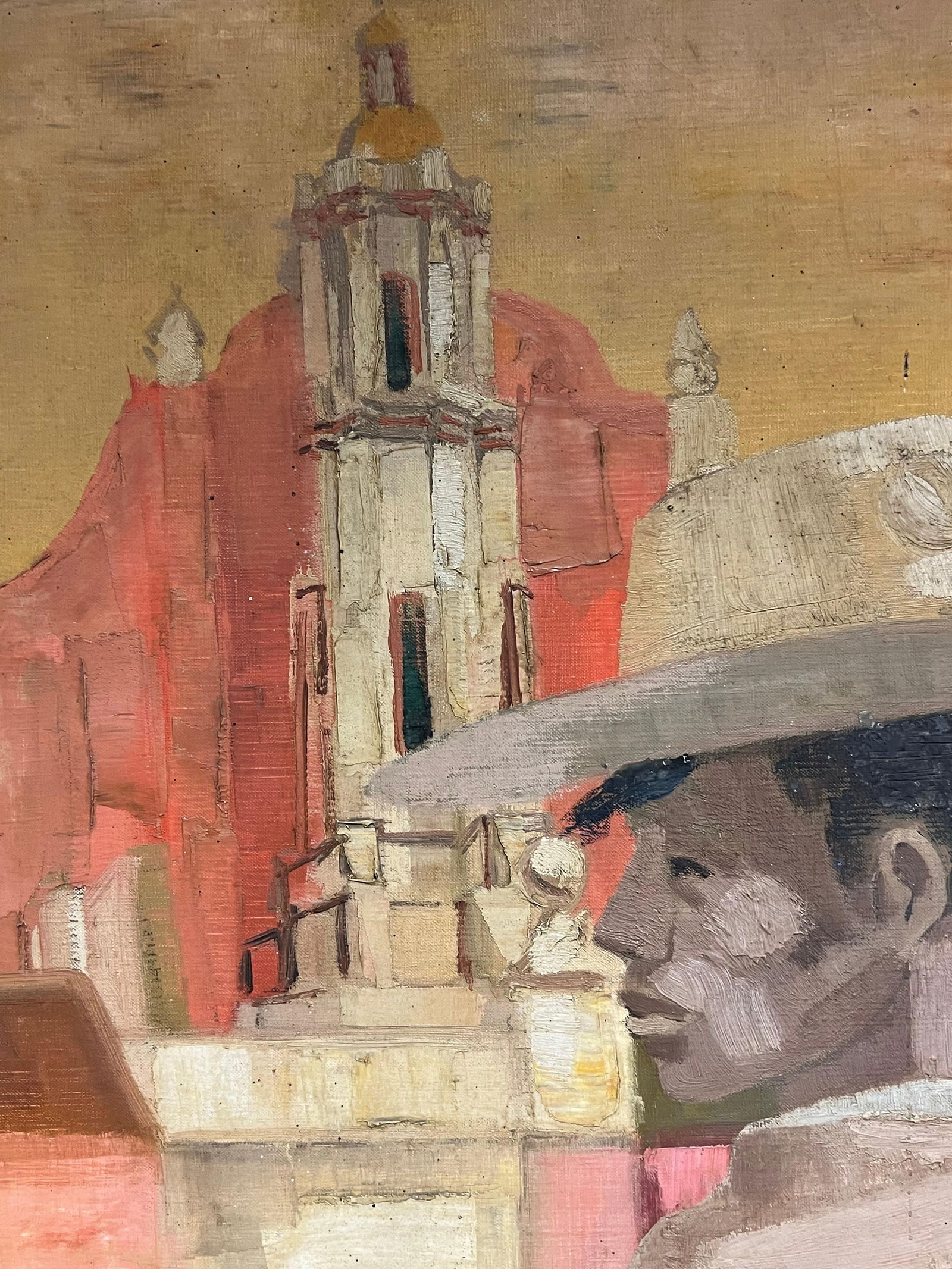 1950's French Modernist Mexican Scene Man in Cowboy Hat City Square mid 20th Century - 5