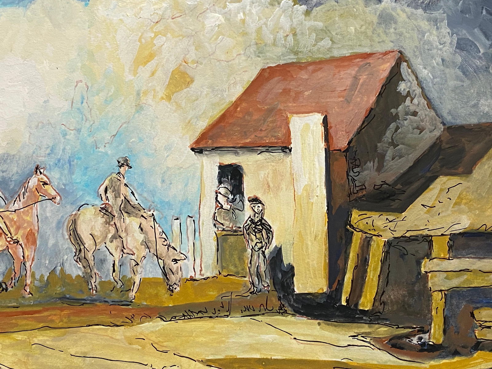 1950's French Modernist Painting Signed, Figures on Horseback in Village 1950s - 10