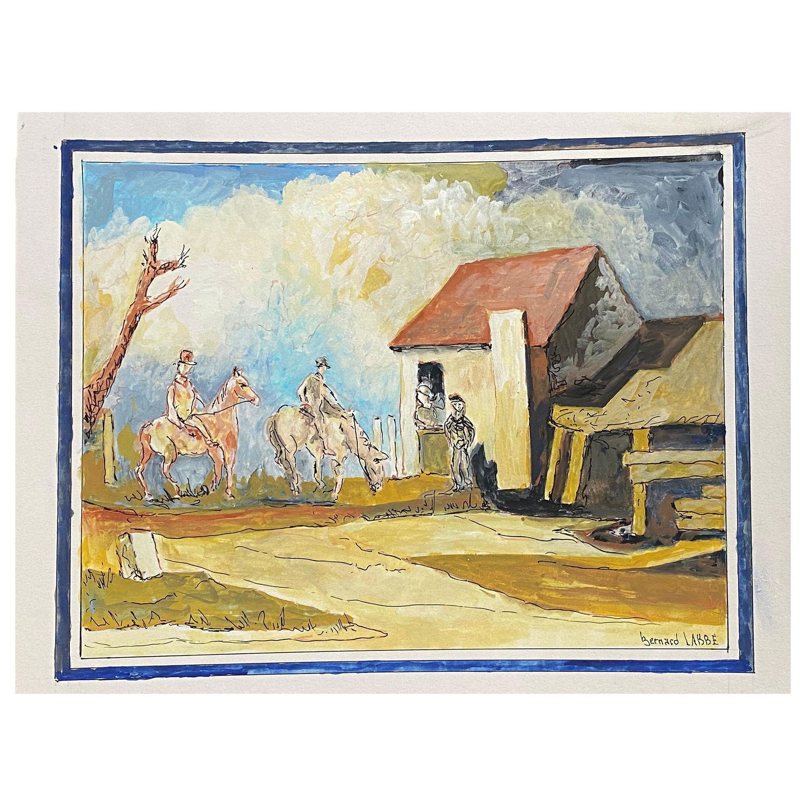 1950's French Modernist Painting Signed, Figures on Horseback in Village 1950s (1 of 12)