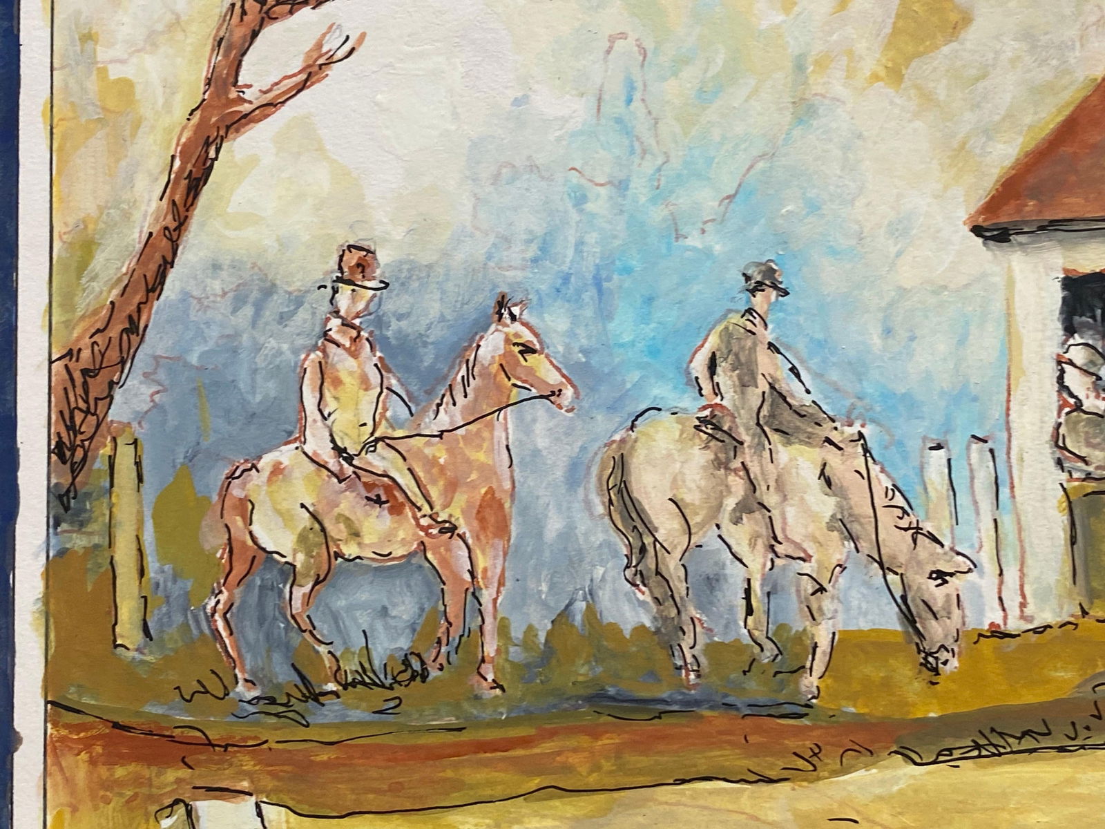 1950's French Modernist Painting Signed, Figures on Horseback in Village 1950s - 3