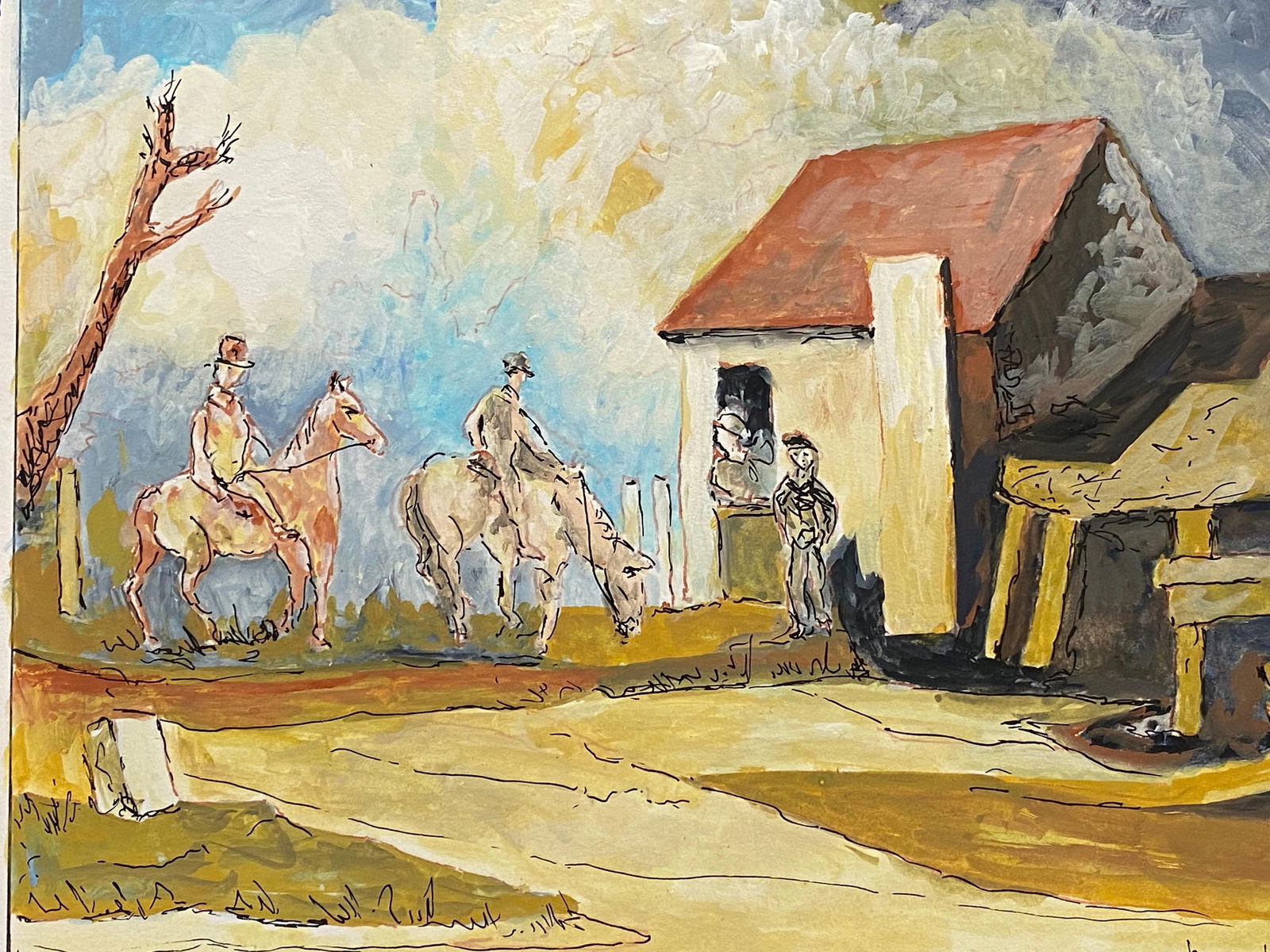 1950's French Modernist Painting Signed, Figures on Horseback in Village 1950s - 4