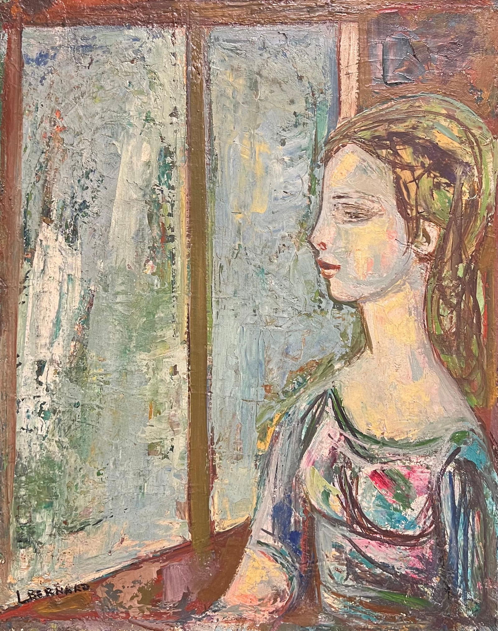 1950's French Modernist Portrait of Woman by the Window Textured Oil Painting mid 20th Century: Title: "1950's French Modernist Portrait of Woman by the Window Textured Oil Painting mid 20th Century" Description: Portrait of a Woman by the Window French, mid 20th century signed L. Bernard oil on