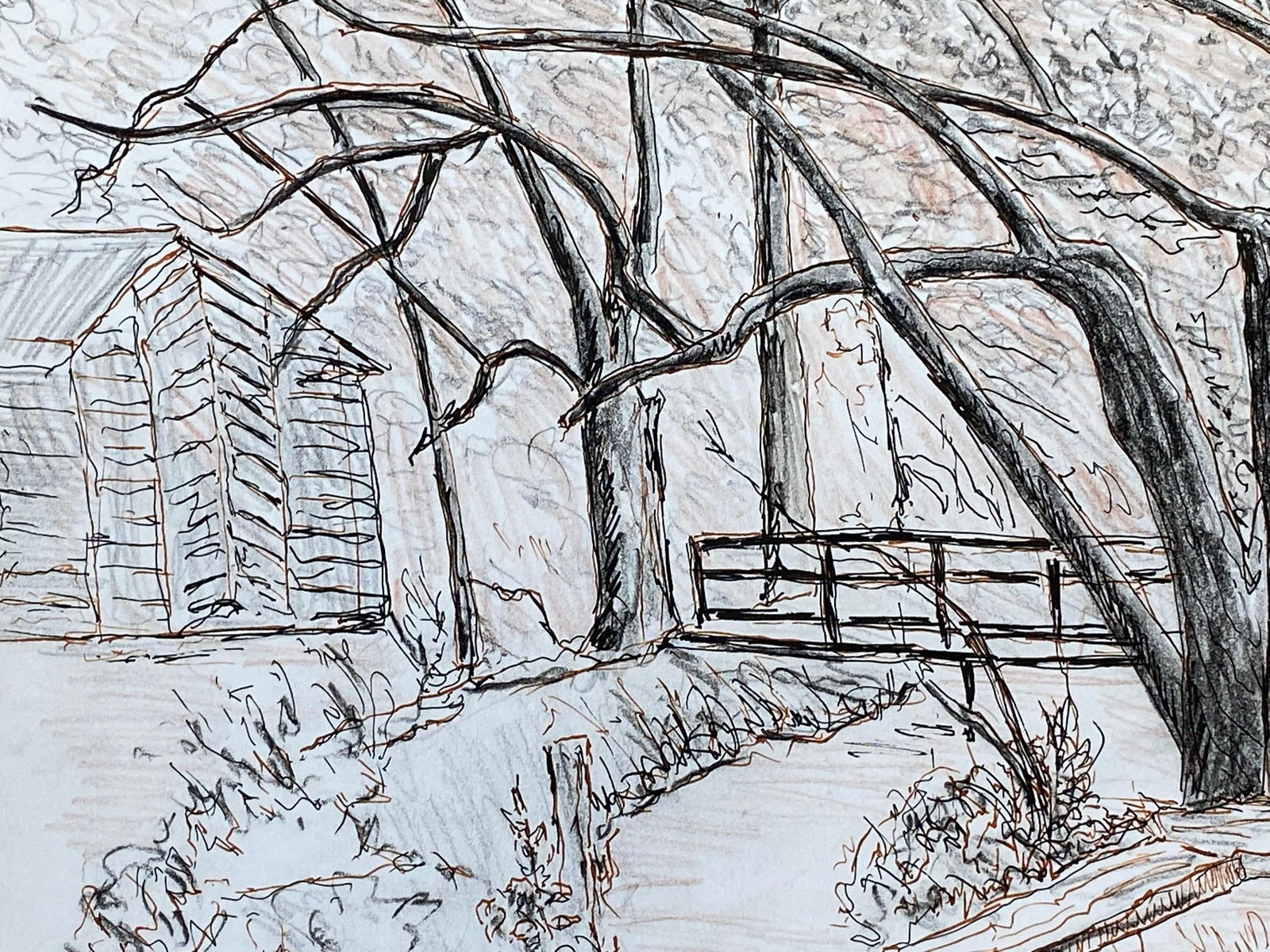 1950's French Modernist/ Cubist Drawing -The Bridge At The Stream 1950 - 15