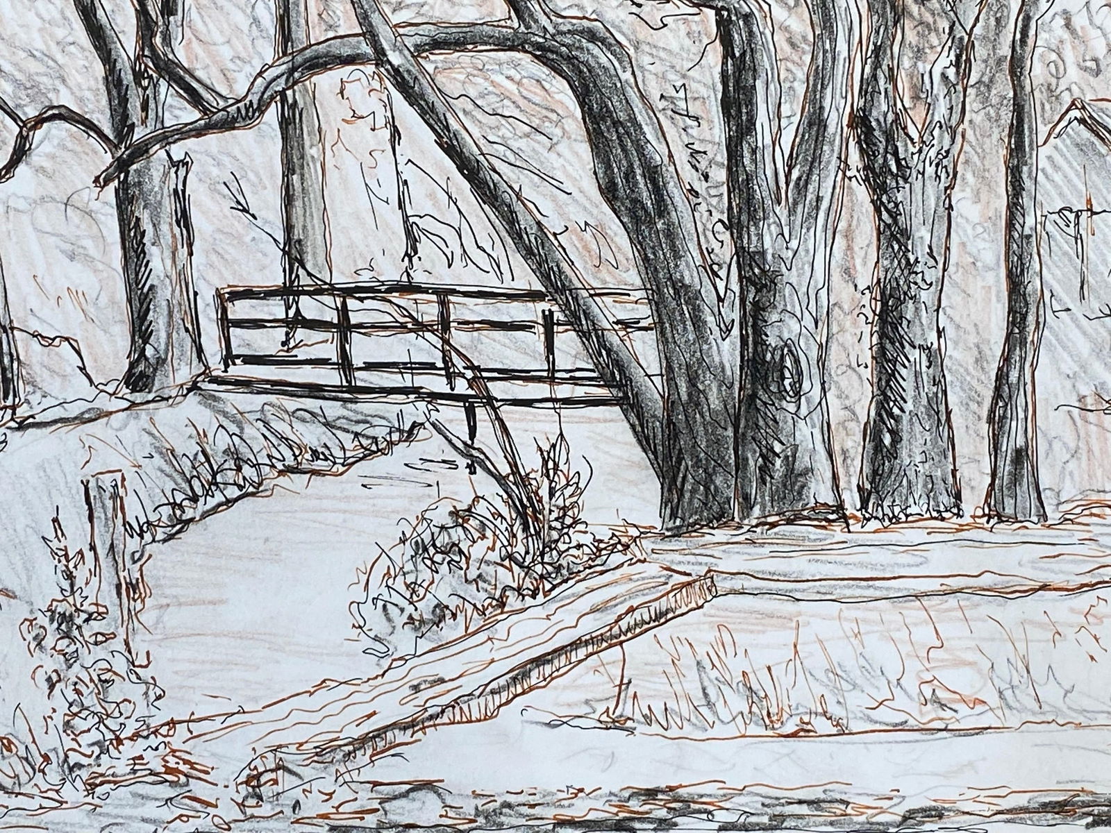 1950's French Modernist/ Cubist Drawing -The Bridge At The Stream 1950 - 16