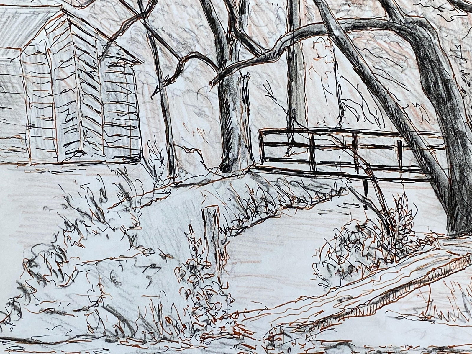 1950's French Modernist/ Cubist Drawing -The Bridge At The Stream 1950 - 17