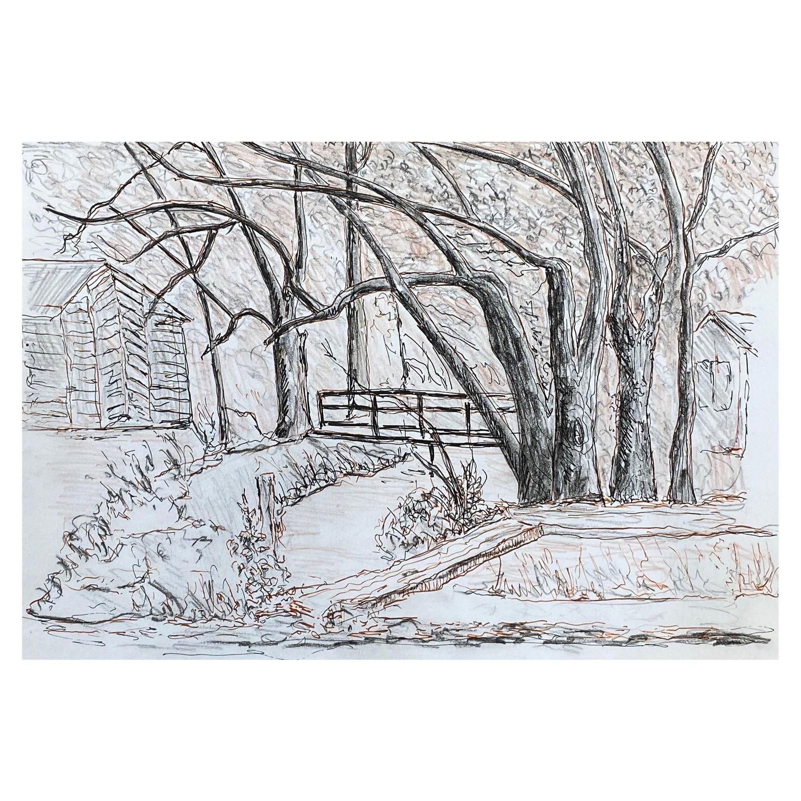 1950's French Modernist/ Cubist Drawing -The Bridge At The Stream 1950 (1 of 18)