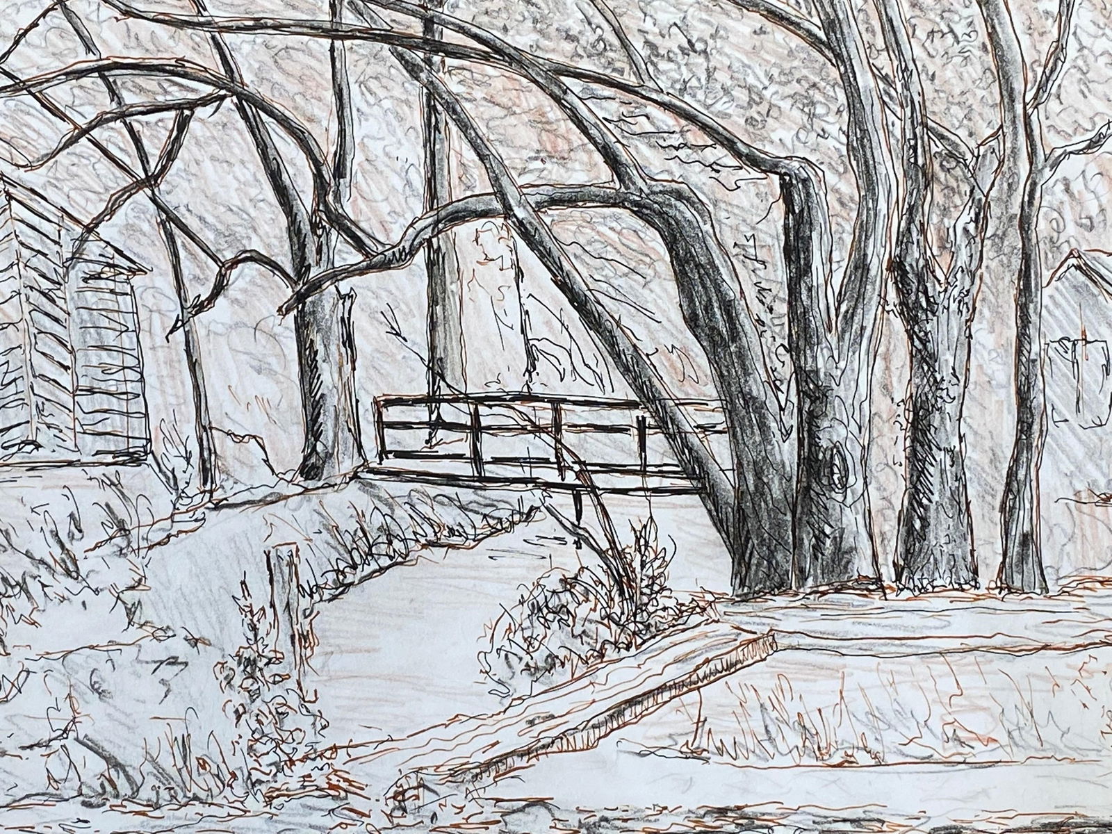 1950's French Modernist/ Cubist Drawing -The Bridge At The Stream 1950 - 2