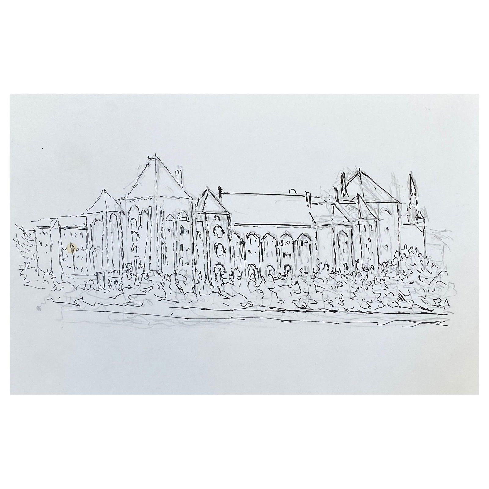 1950's French Modernist/ Cubist Drawing, Large Historic French Building 1950: Title: "1950's French Modernist/ Cubist Drawing, Large Historic French Building 1950" Description: French landscape by Bernard Labbe (French mid 20th century) Original watercolour/ gouache painting