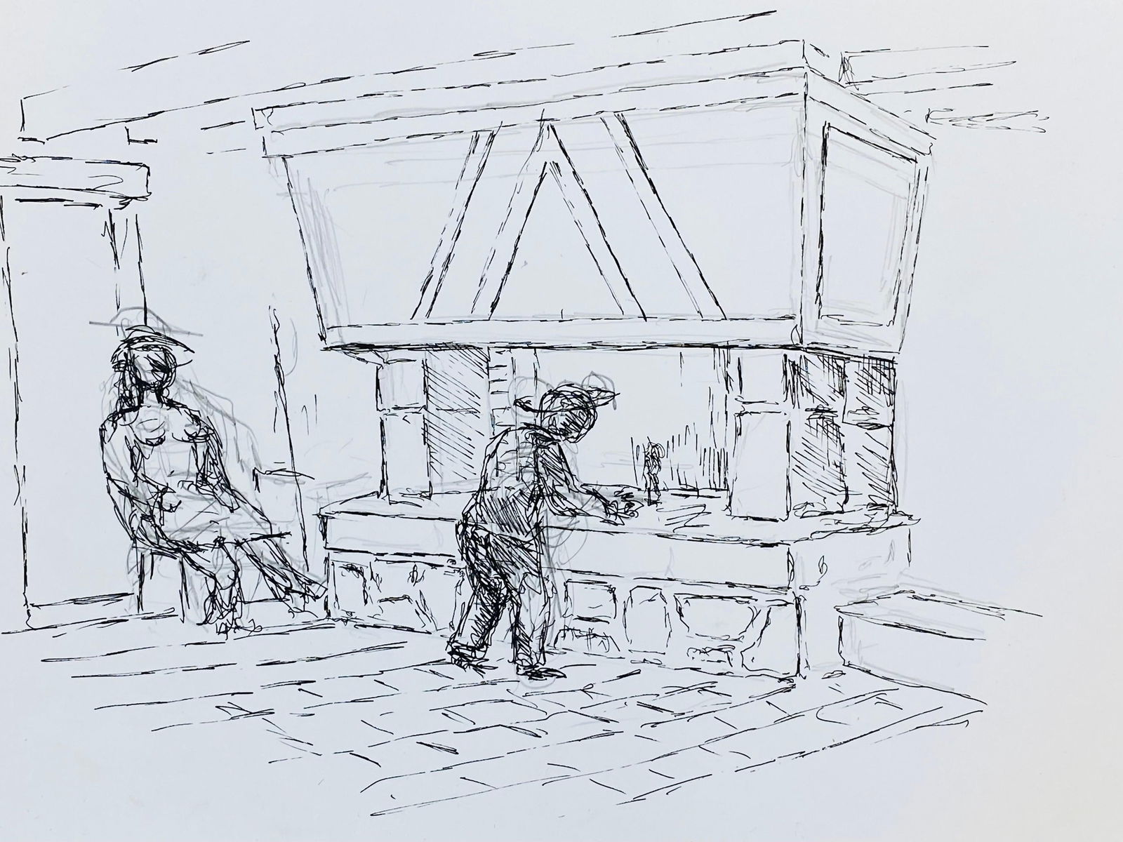 1950's French Modernist/ Cubist Drawing, Two Figures by the Fire Place 1950 - 3