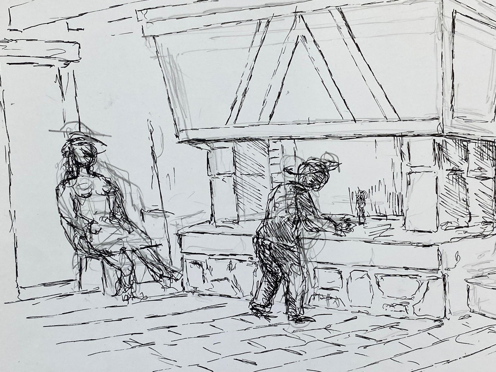 1950's French Modernist/ Cubist Drawing, Two Figures by the Fire Place 1950 - 5