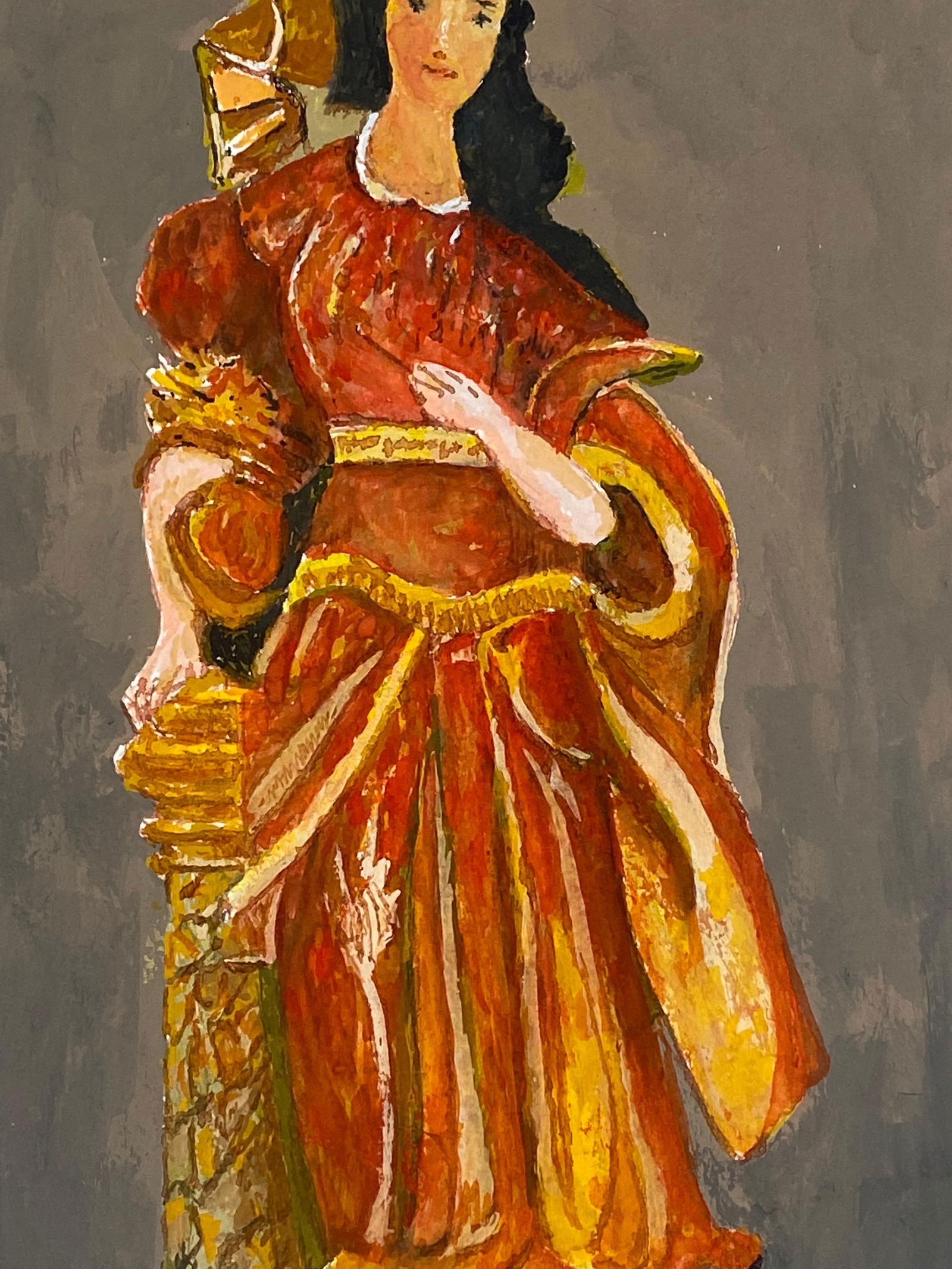 1950's French Modernist/ Cubist Painting - Lady In Vibrant Red & Orange Dress 1950 - 12