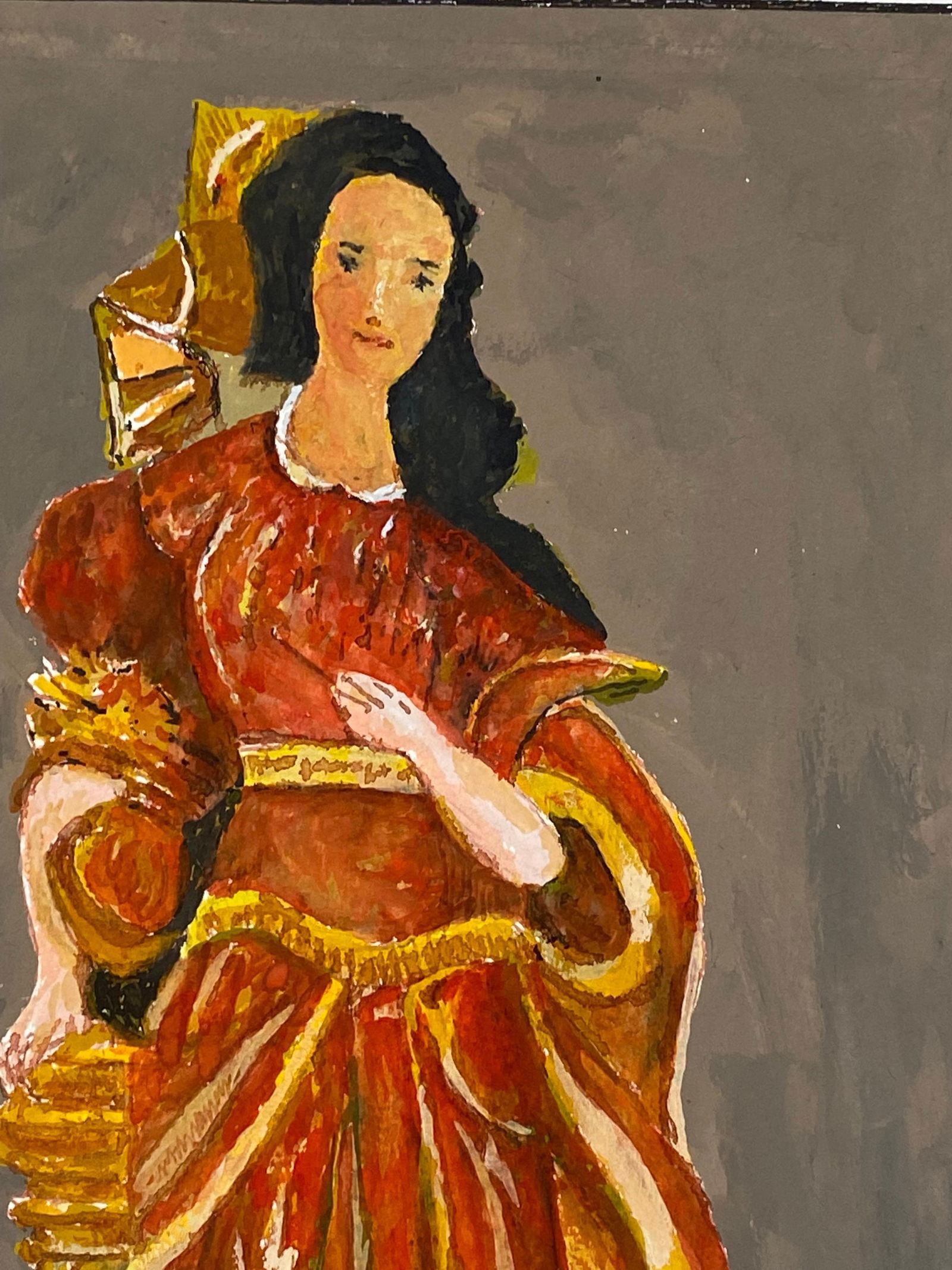 1950's French Modernist/ Cubist Painting - Lady In Vibrant Red & Orange Dress 1950 - 13