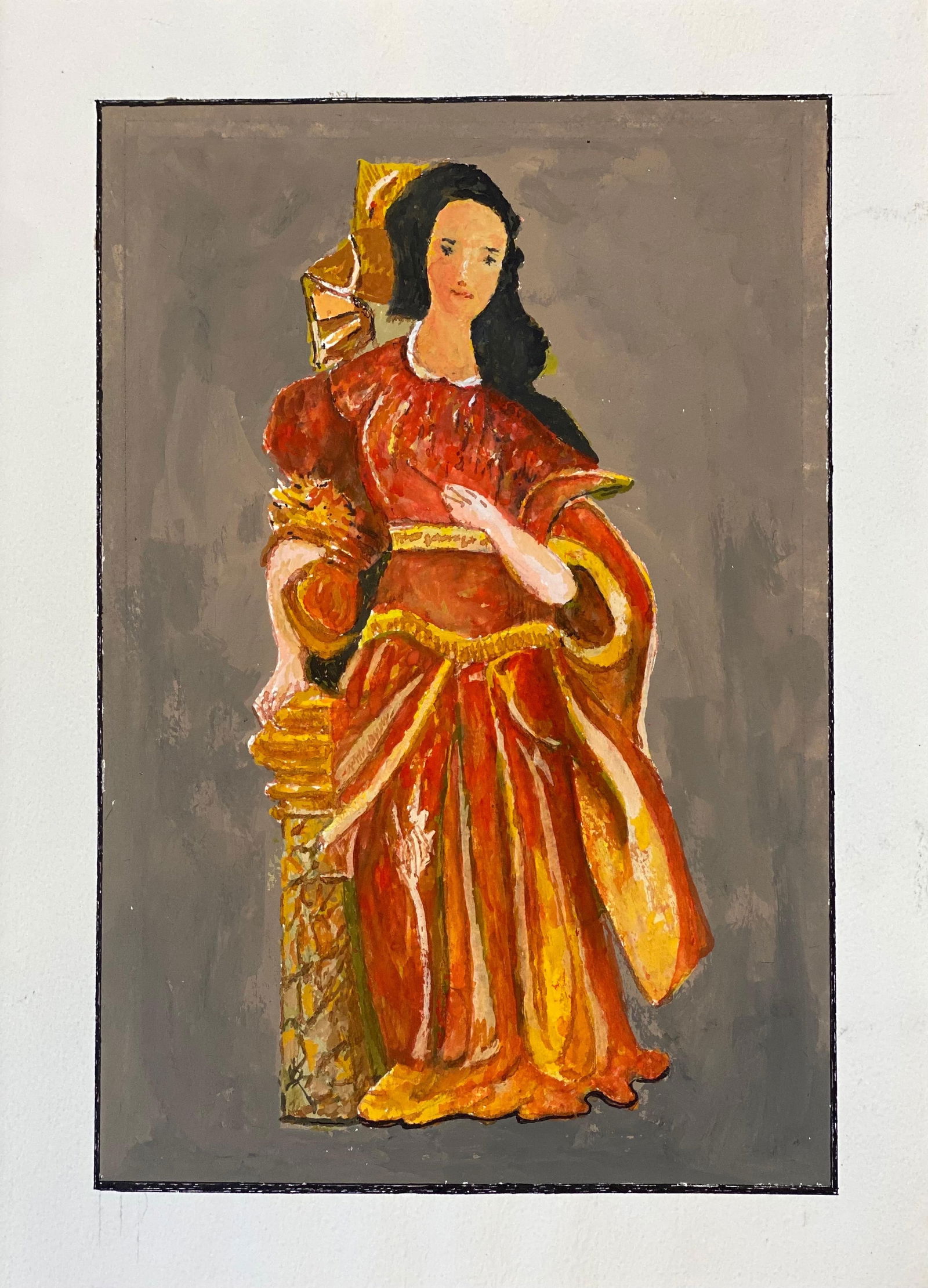 1950's French Modernist/ Cubist Painting - Lady In Vibrant Red & Orange Dress 1950 - 4