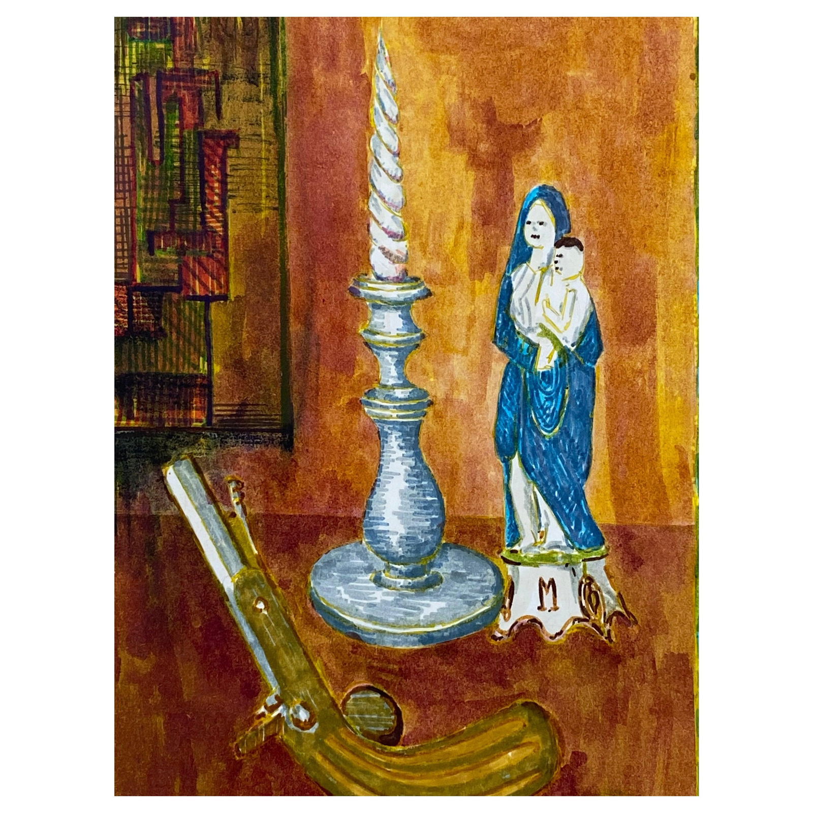 1950's French Modernist/ Cubist Painting - Mother & Child Vs Objects Scene 1950: Title: "1950's French Modernist/ Cubist Painting - Mother & Child Vs Objects Scene 1950" Description: French Landscape by Bernard Labbe (French mid 20th century) original watercolour/ gouache painting