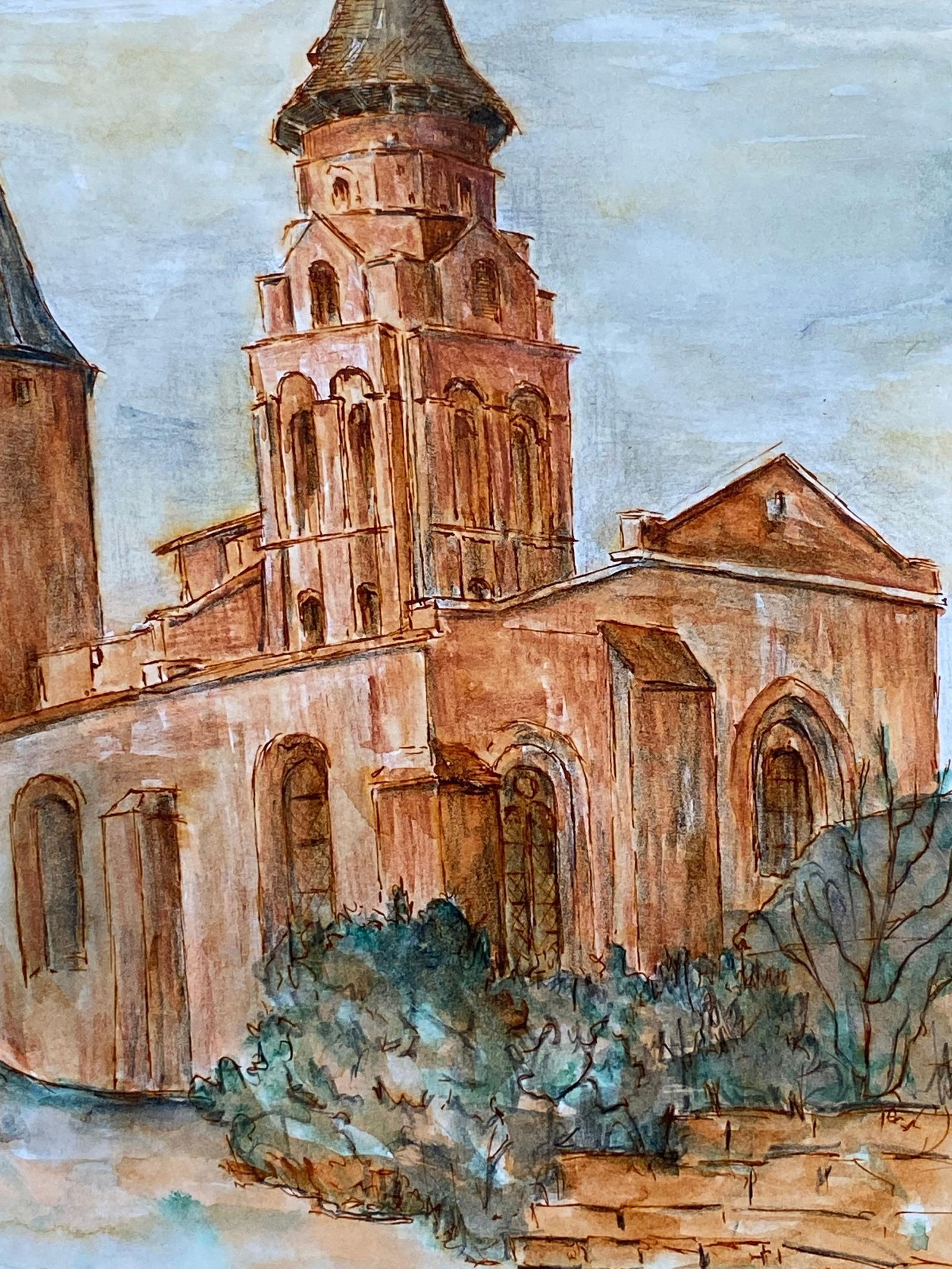 1950's French Modernist/ Cubist Painting - Orange French Church 1950 - 10