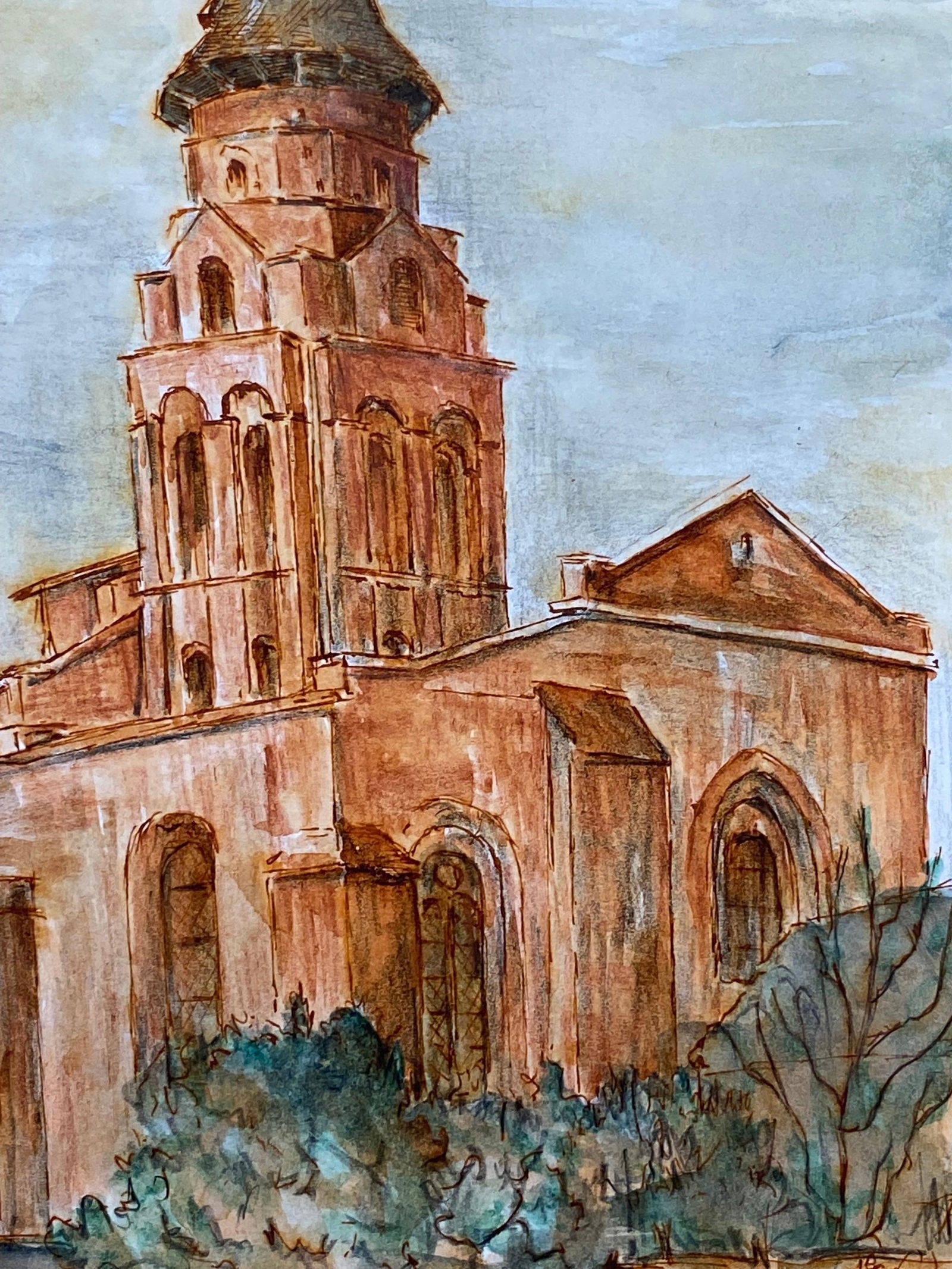 1950's French Modernist/ Cubist Painting - Orange French Church 1950 - 11