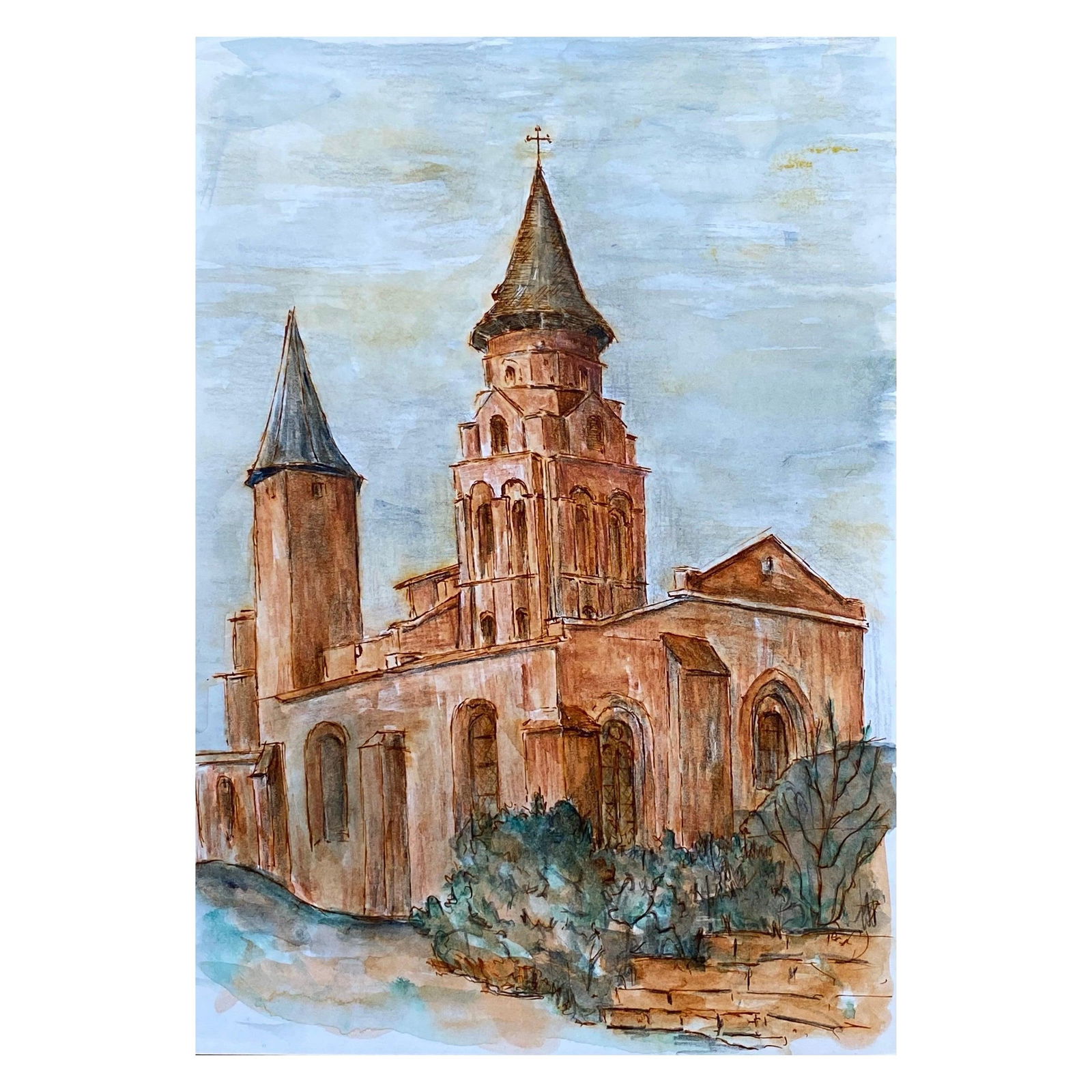 1950's French Modernist/ Cubist Painting - Orange French Church 1950 - 14