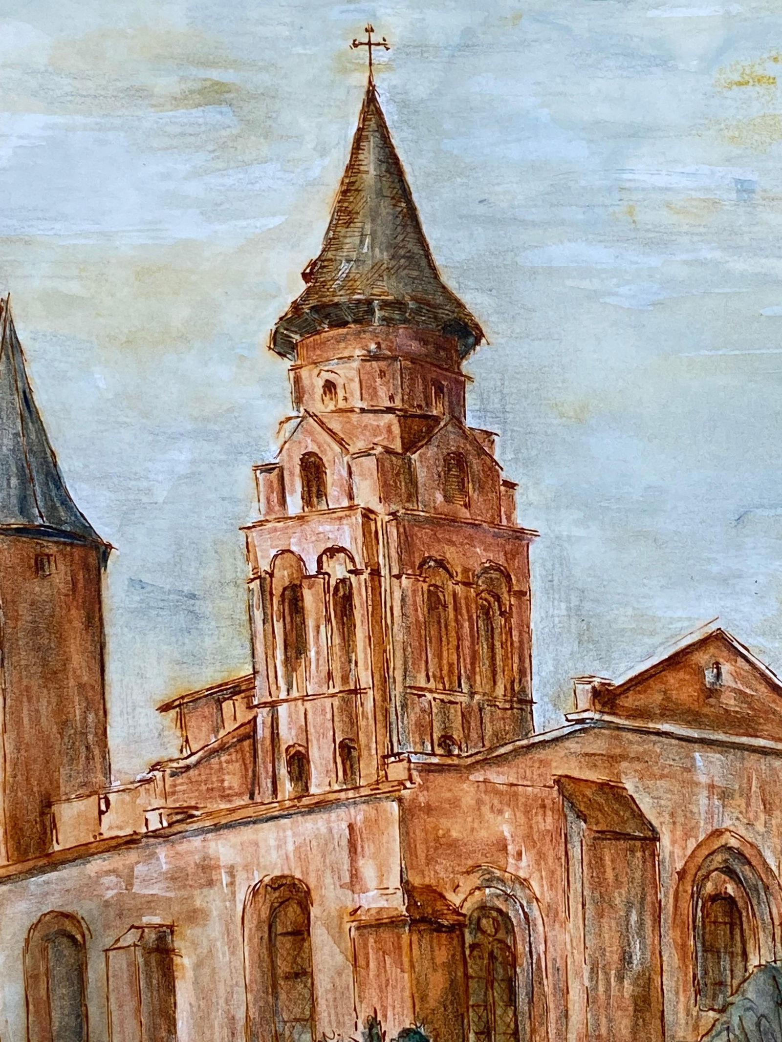 1950's French Modernist/ Cubist Painting - Orange French Church 1950 - 6