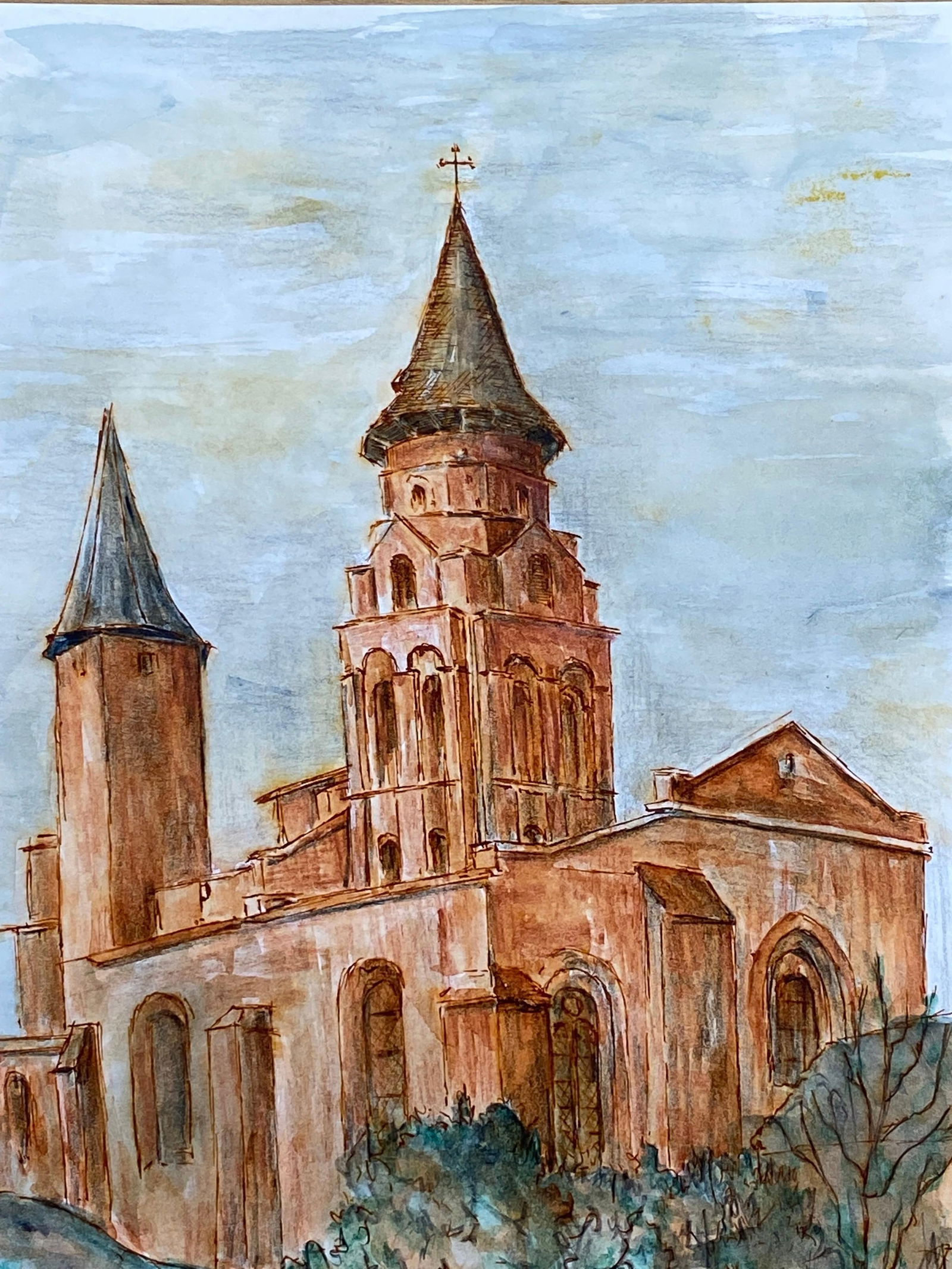 1950's French Modernist/ Cubist Painting - Orange French Church 1950 - 8