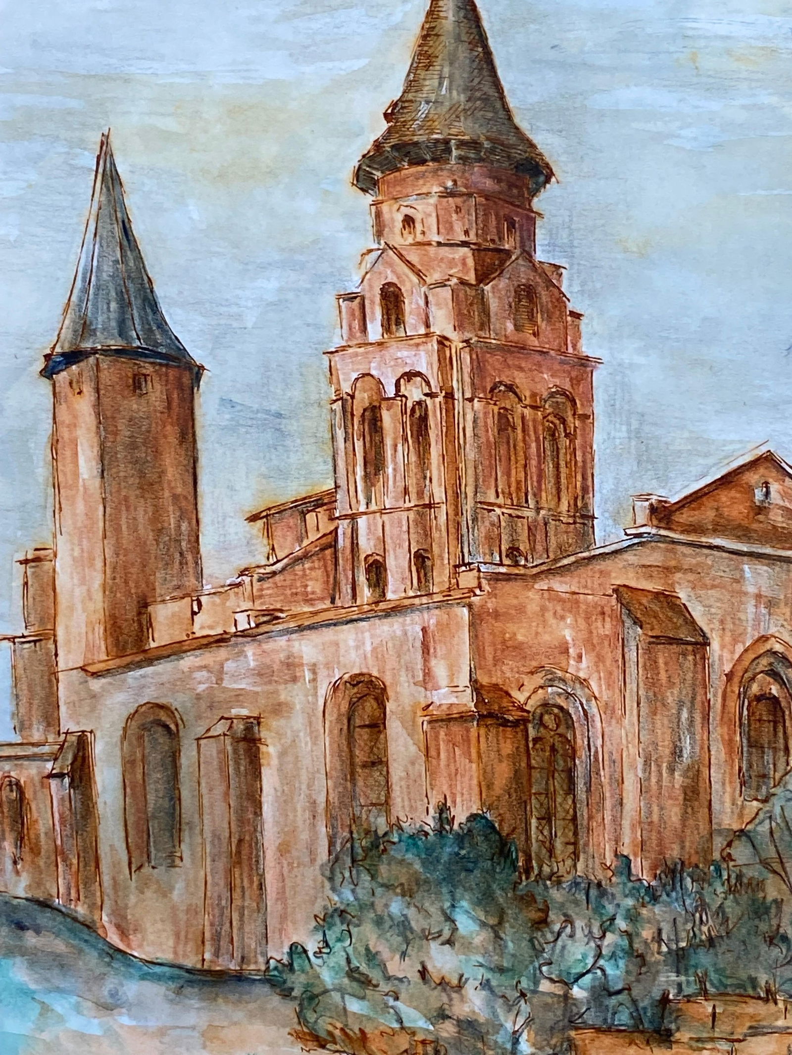 1950's French Modernist/ Cubist Painting - Orange French Church 1950 - 9