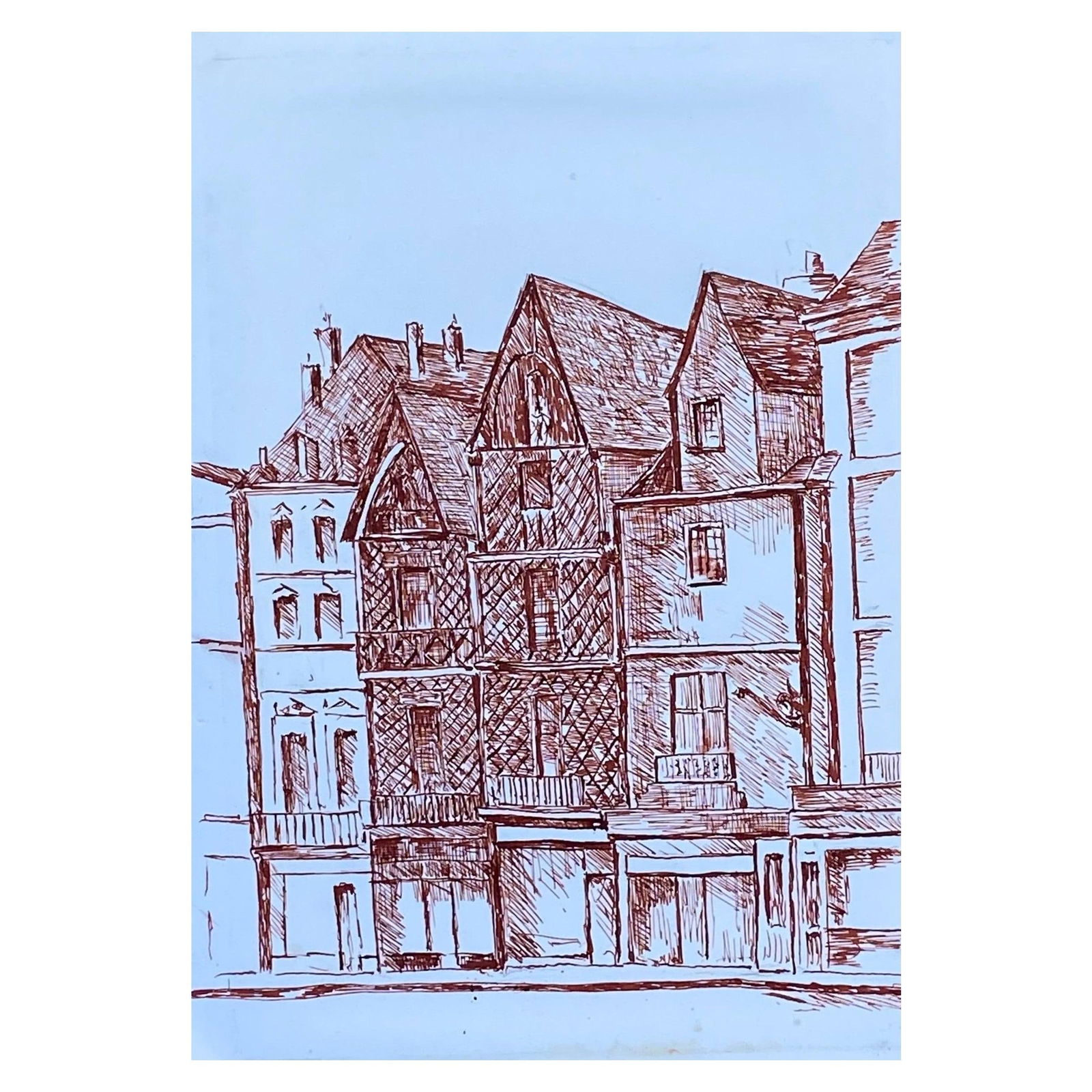 1950's French Modernist/ Cubist Painting - Red Fine Landscape 1950: Title: "1950's French Modernist/ Cubist Painting - Red Fine Landscape 1950" Description: French Landscape by Bernard Labbe (French mid 20th century) original watercolour/ gouache painting on artist