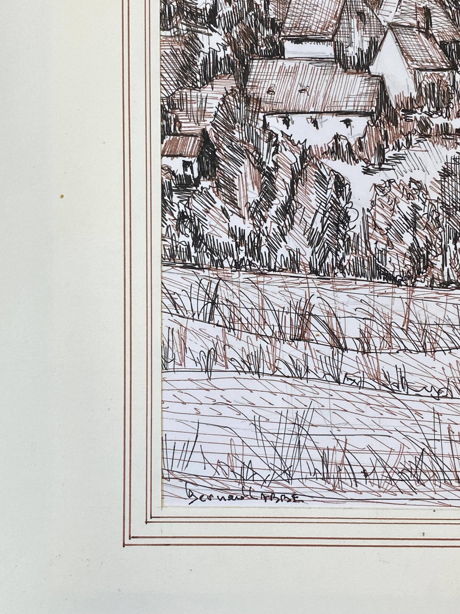 1950's French Modernist/ Cubist Painting Signed, Biro Drawing of French Town 1950 - 7