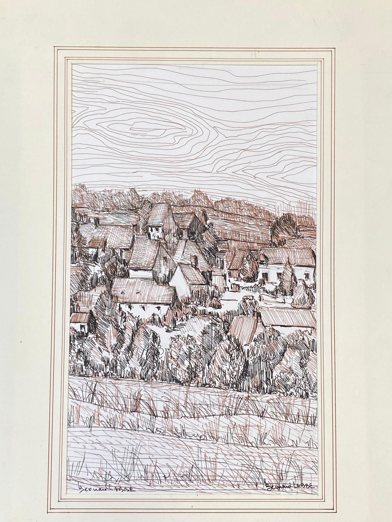 1950's French Modernist/ Cubist Painting Signed, Biro Drawing of French Town 1950 - 5