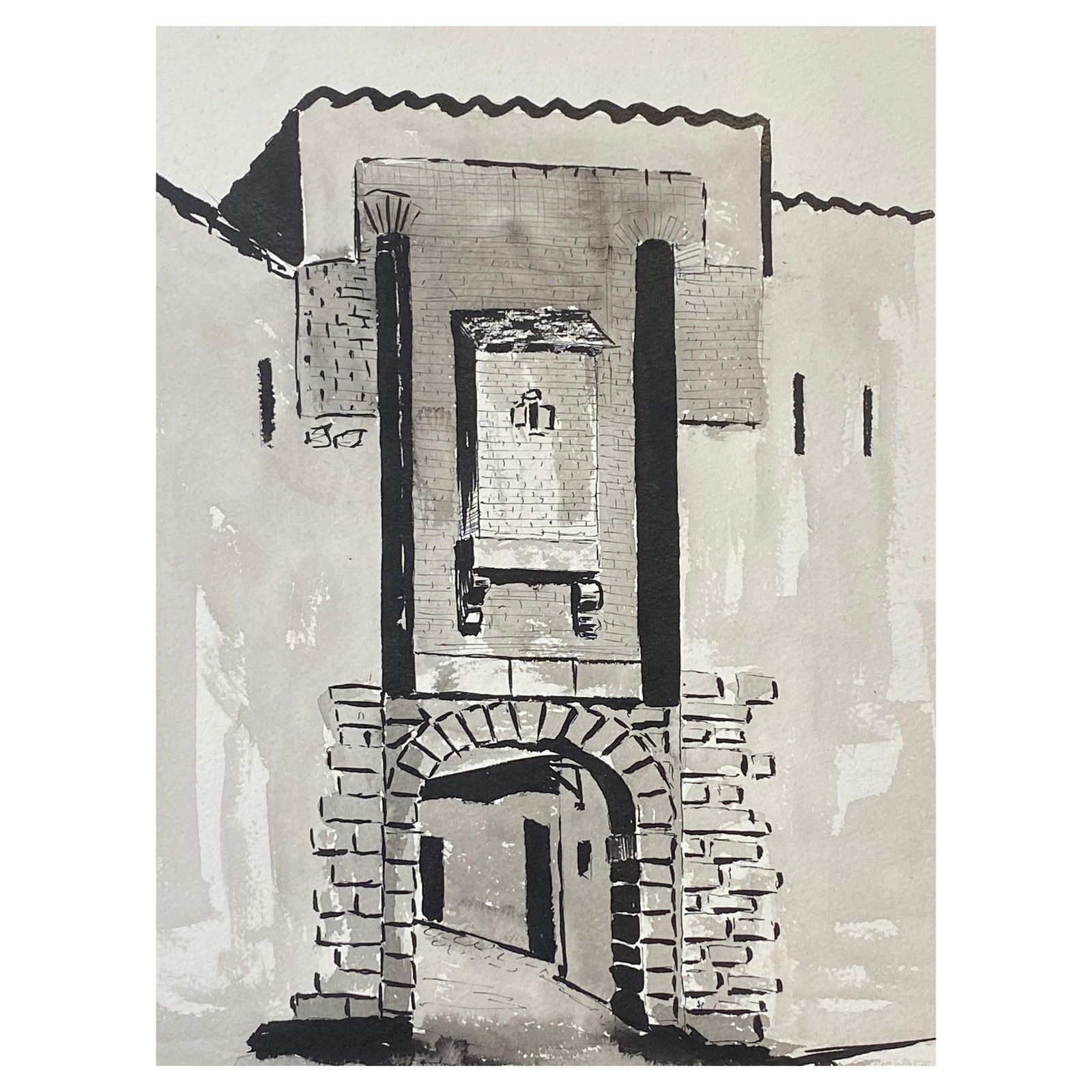 1950's French Modernist/ Cubist Painting Signed, Black & White French Archway 1950s: Title: "1950's French Modernist/ Cubist Painting Signed, Black & White French Archway 1950s" Description: Black & White Archway by Bernard Labbe (French mid 20th century) signed original watercolour/