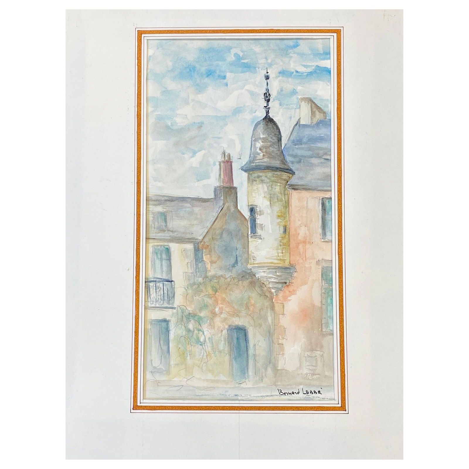 1950's French Modernist/ Cubist Painting Signed, Light Colour French Buildings 1950: Title: "1950's French Modernist/ Cubist Painting Signed, Light Colour French Buildings 1950" Description: French landscape by Bernard Labbe (French mid 20th century) Signed original watercolour/ gouac