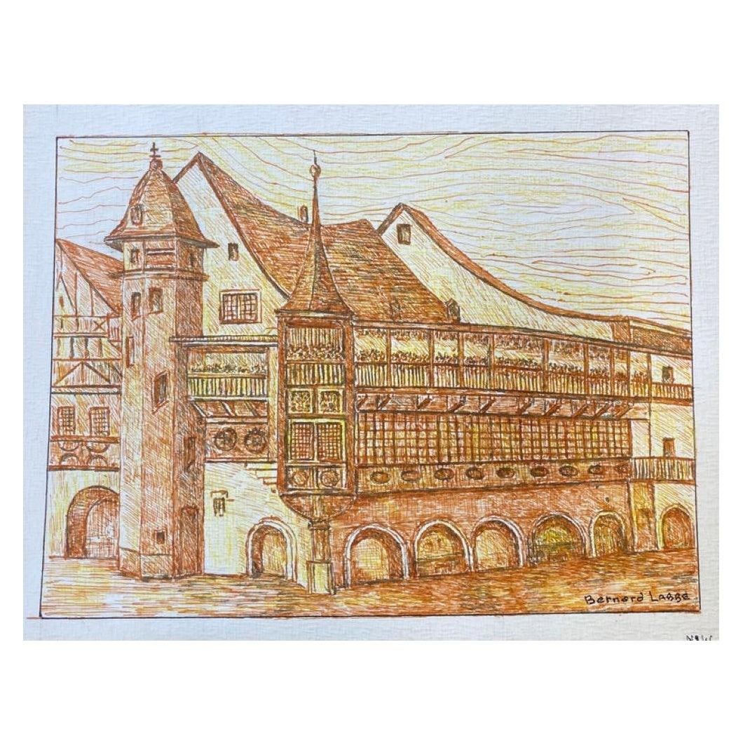 1950's French Modernist/ Cubist Painting Signed, Orange Building Landscape 1950: Title: "1950's French Modernist/ Cubist Painting Signed, Orange Building Landscape 1950" Description: Orange Building by Bernard Labbe (French mid 20th century) Signed original watercolour/ gouache pa