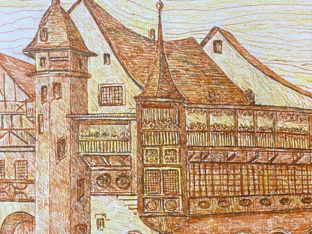 1950's French Modernist/ Cubist Painting Signed, Orange Building Landscape 1950 - 9