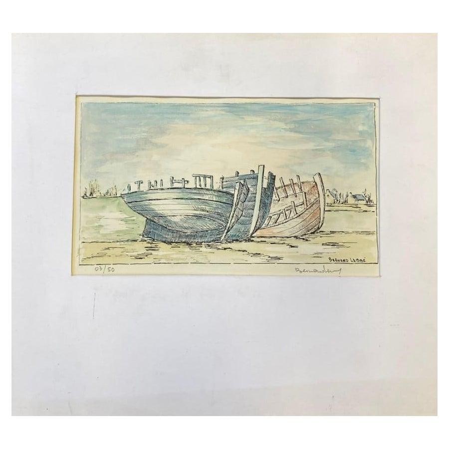 1950's French Modernist/ Cubist Painting Signed, the Three Boats 1950 - 9