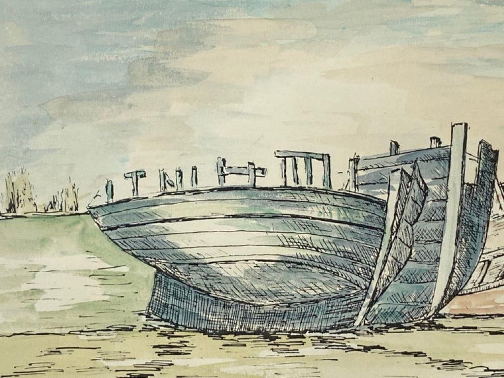 1950's French Modernist/ Cubist Painting Signed, the Three Boats 1950 - 12