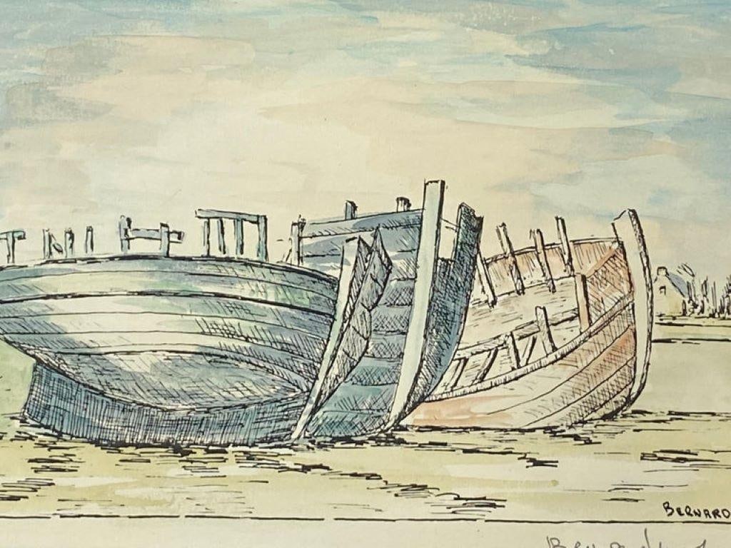 1950's French Modernist/ Cubist Painting Signed, the Three Boats 1950 - 13