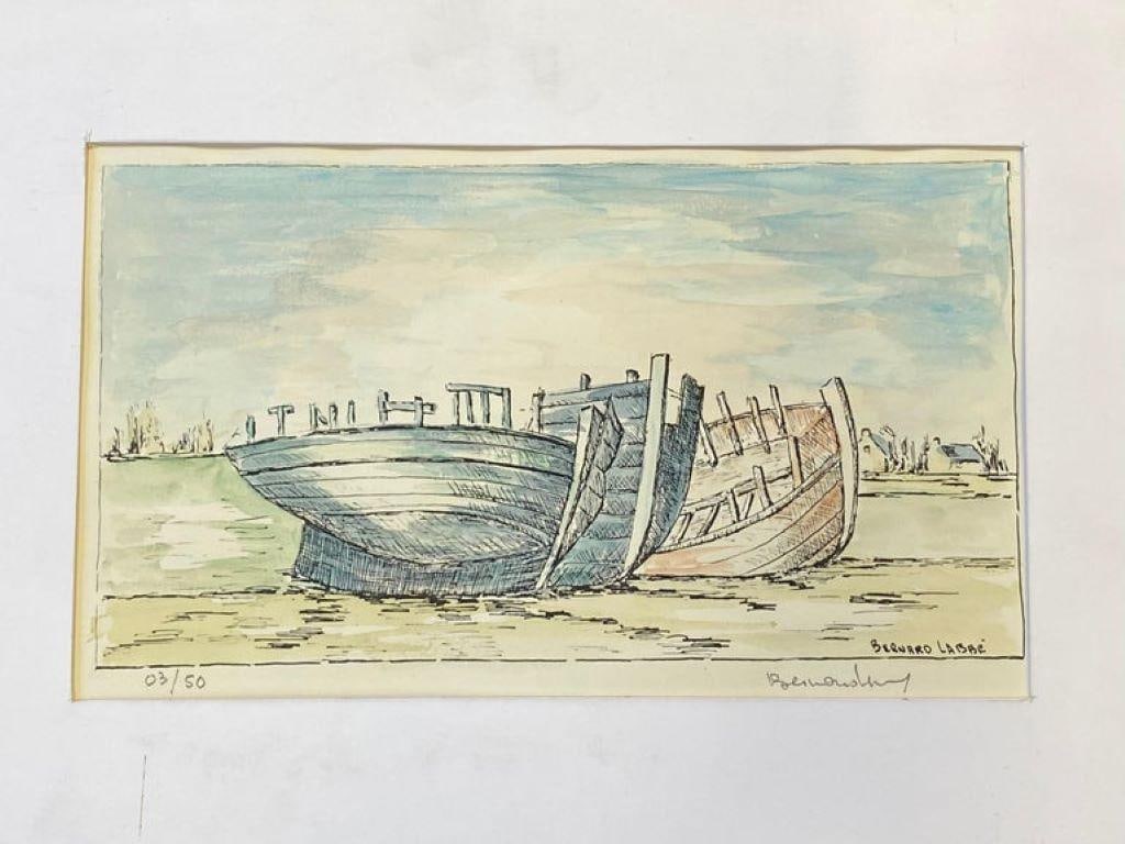 1950's French Modernist/ Cubist Painting Signed, the Three Boats 1950 - 4