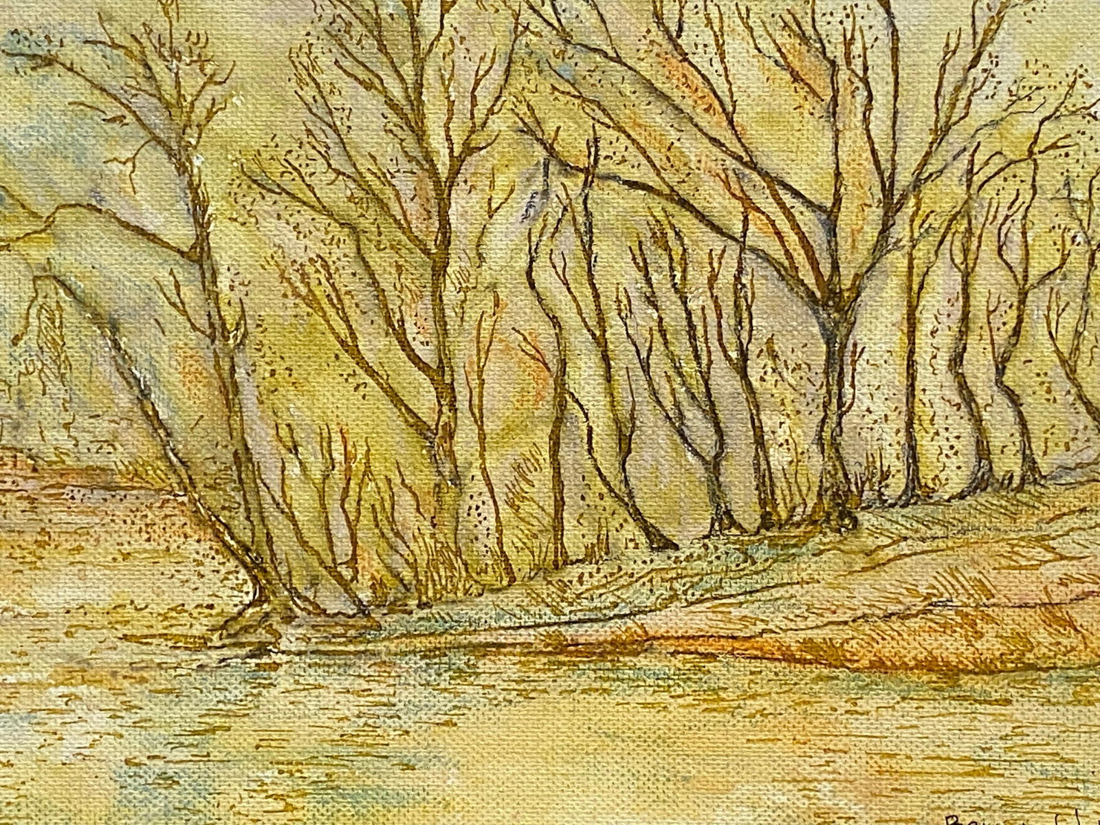 1950's French Modernist/ Cubist Painting Signed, Woodland over Lake 1950s - 5