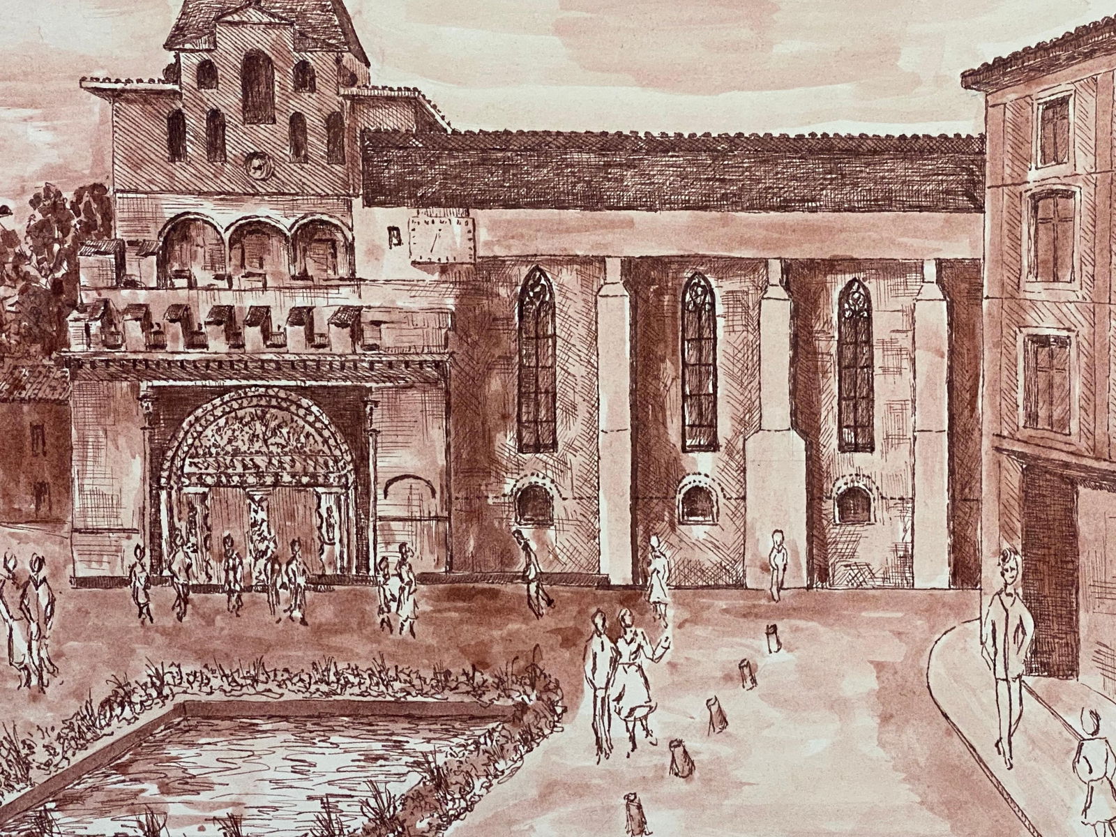 1950's French Modernist/ Cubist Painting, Busy French Town Square 1950s - 6