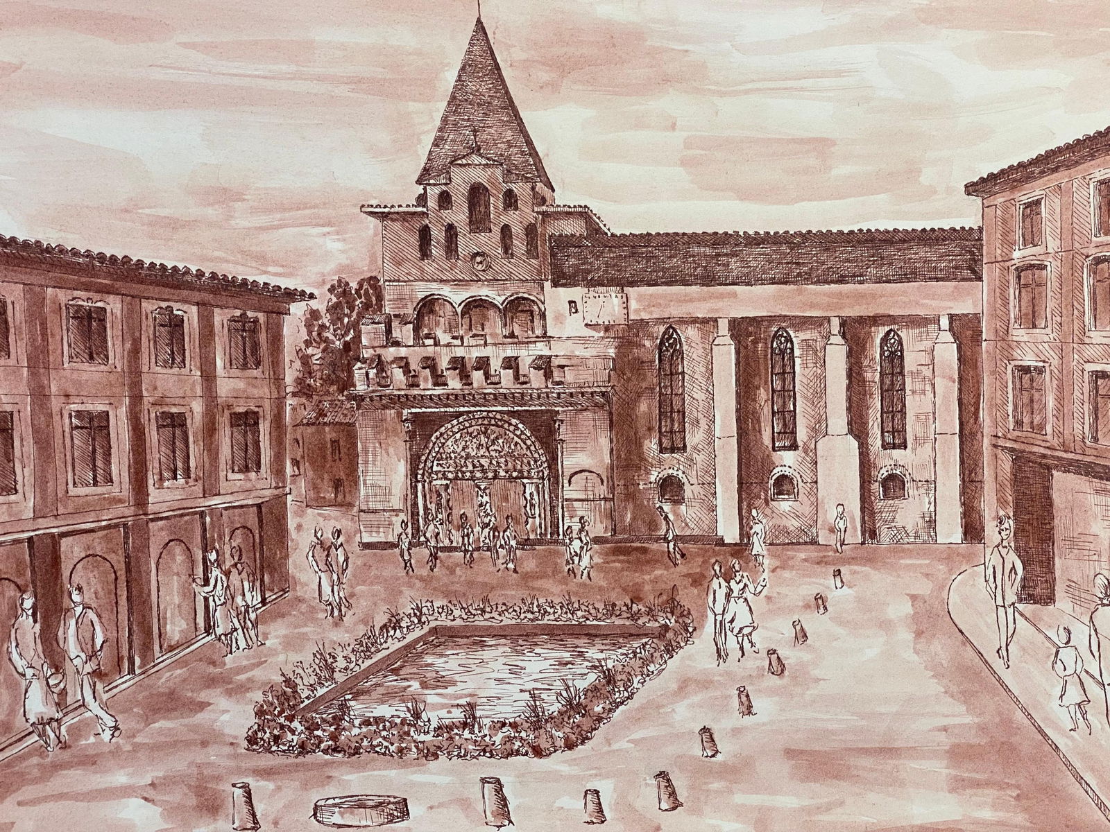 1950's French Modernist/ Cubist Painting, Busy French Town Square 1950s - 10